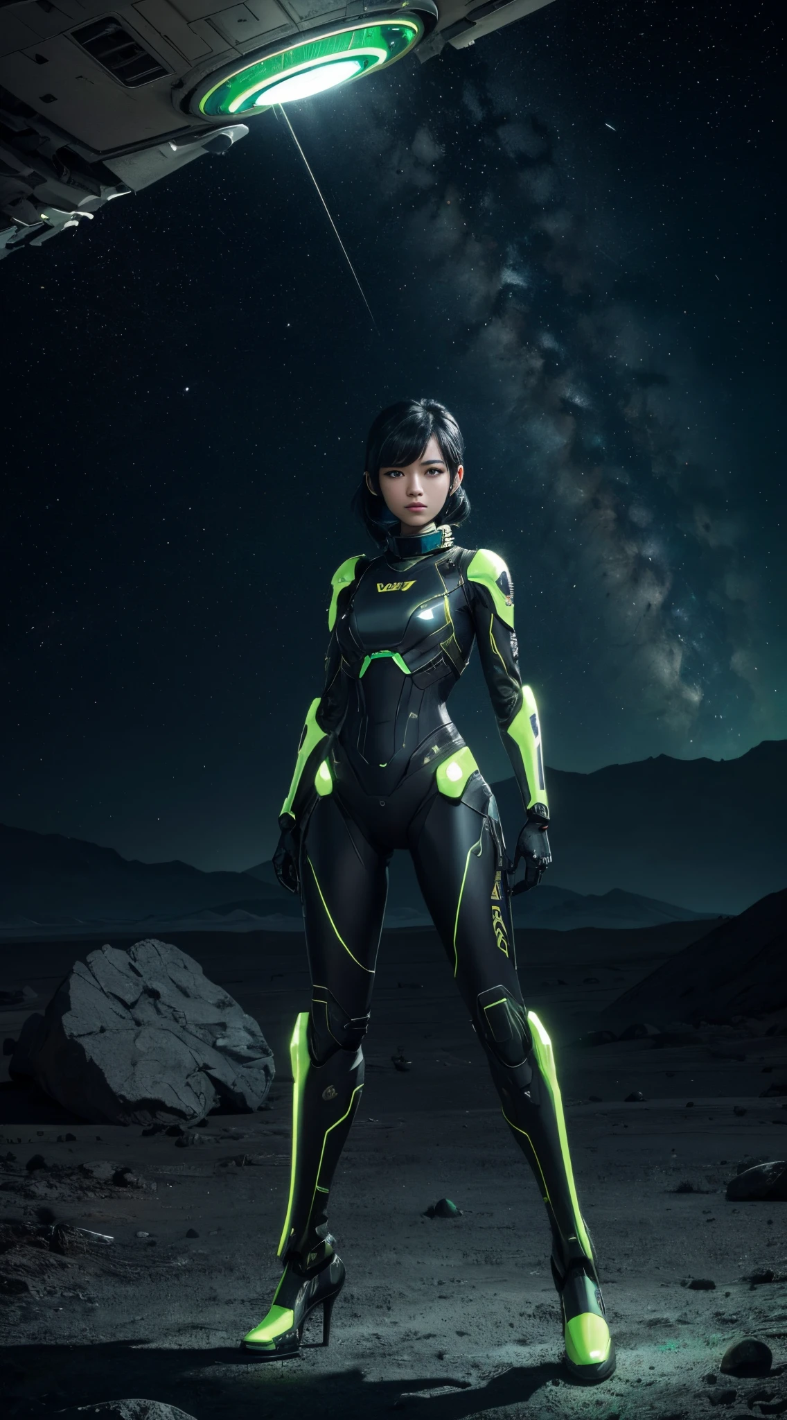 On the surface of a desolate alien planet,A desert，macadam，meteorite，meteors，the space，Pluto， The beauty of robots is exploring the unknown, Green blood drips down, full bodyesbian，high-heels，black hair color hair, hair pin,, Long eyelashes, Serious, A focused expression, modern, depth of fields, 电影灯光, Ray traching, god light, hyper HD, 4K, Best quality at best, super detailing, ctextured skin, Anatomically correct, high detal, high high quality, Award-Awarded
