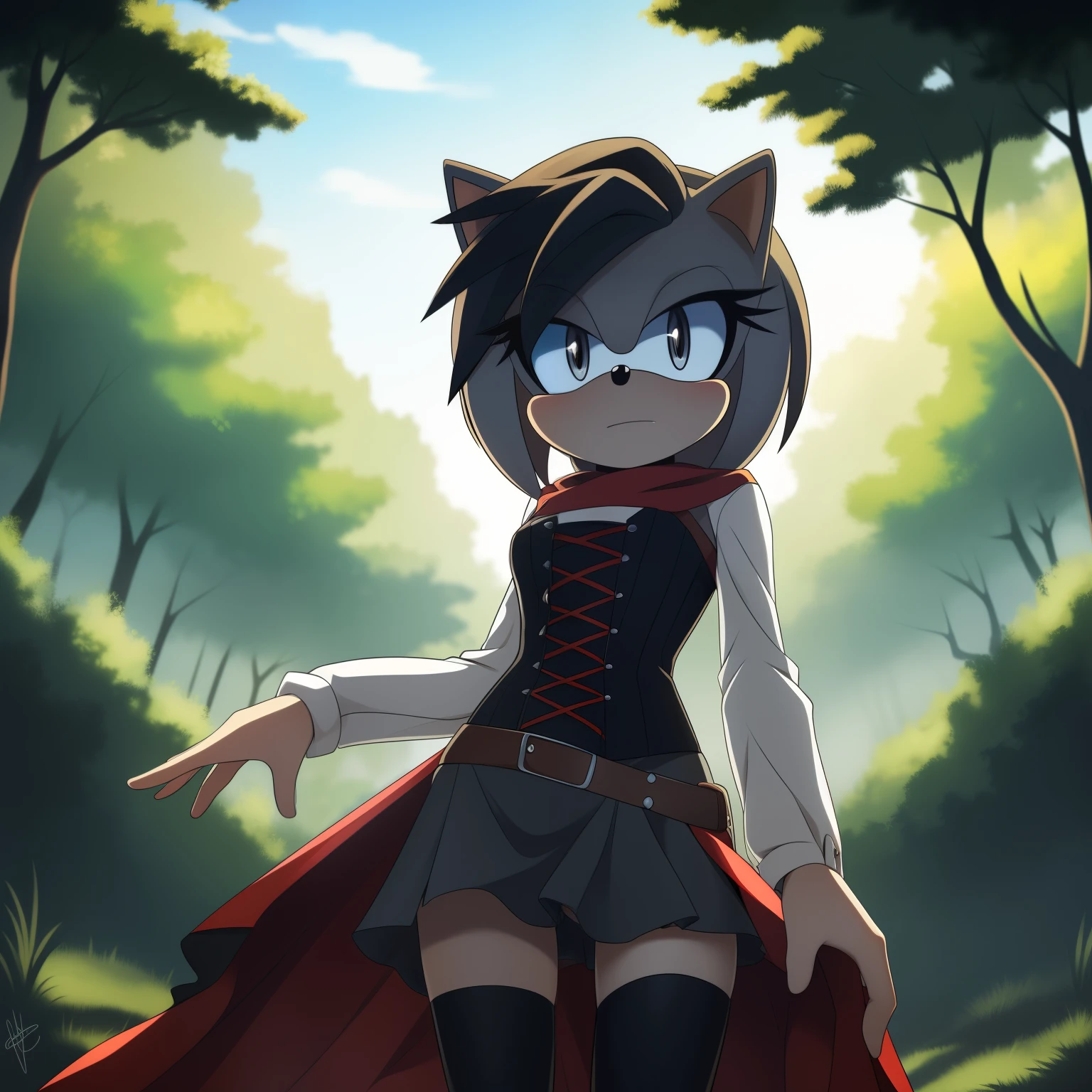 ruby rose, reddish black hair, short hair, mistralrose, dress, corset, red cape, thighhighs, (grey/silver eyes), ((Mobian)), ((Hedgehog)), ((Ruby Rose as a Mobian)), (1girl), (solo), outdoors, night, nature, forest, looking at viewer, (cowboy shot:1.5), ((masterpiece:1.2), best quality, detailed, perfect lighting, (perfect hands), 2D Anime style)