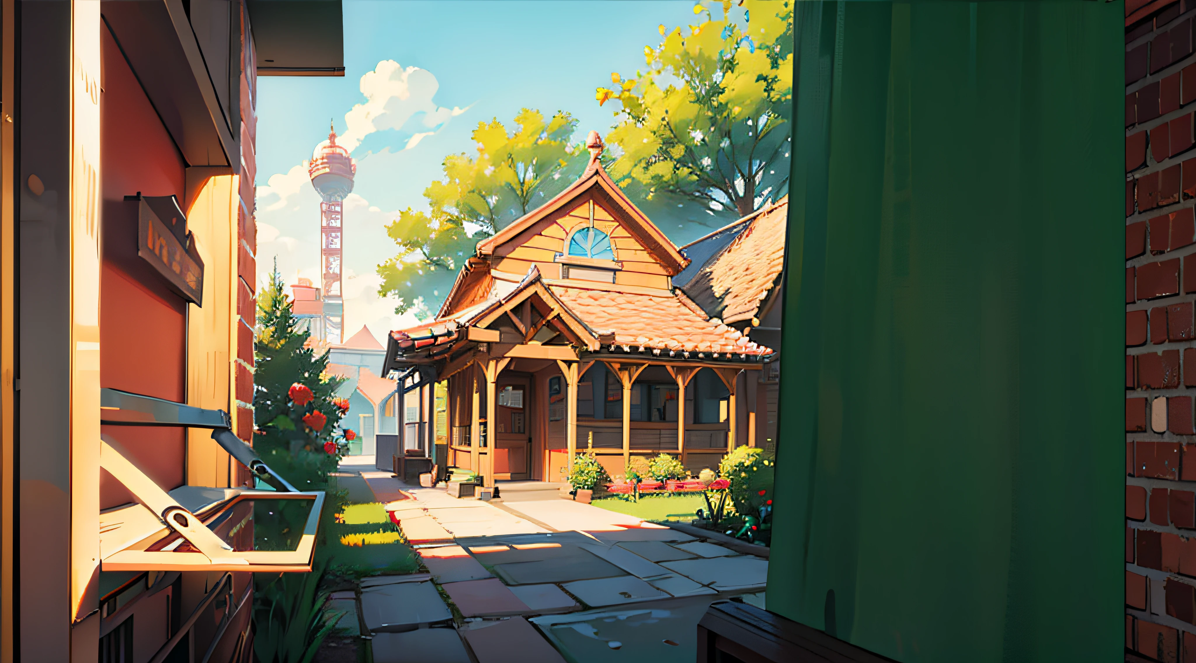 amusement parks ticket counter with (brick wall) and opened window, (black window frame), shady, trees, (garden in the background) day time,
