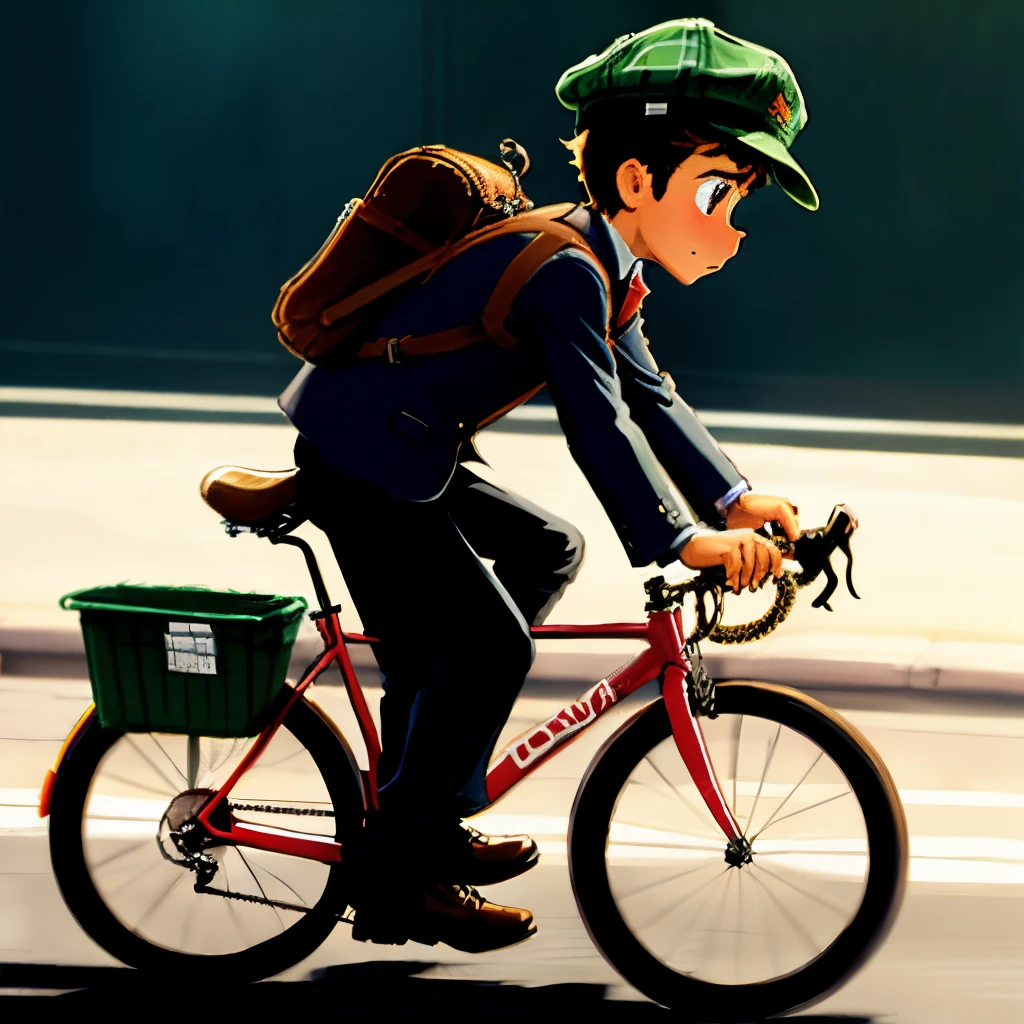 2D cartoon of a newsboy on a bike with news in his hand