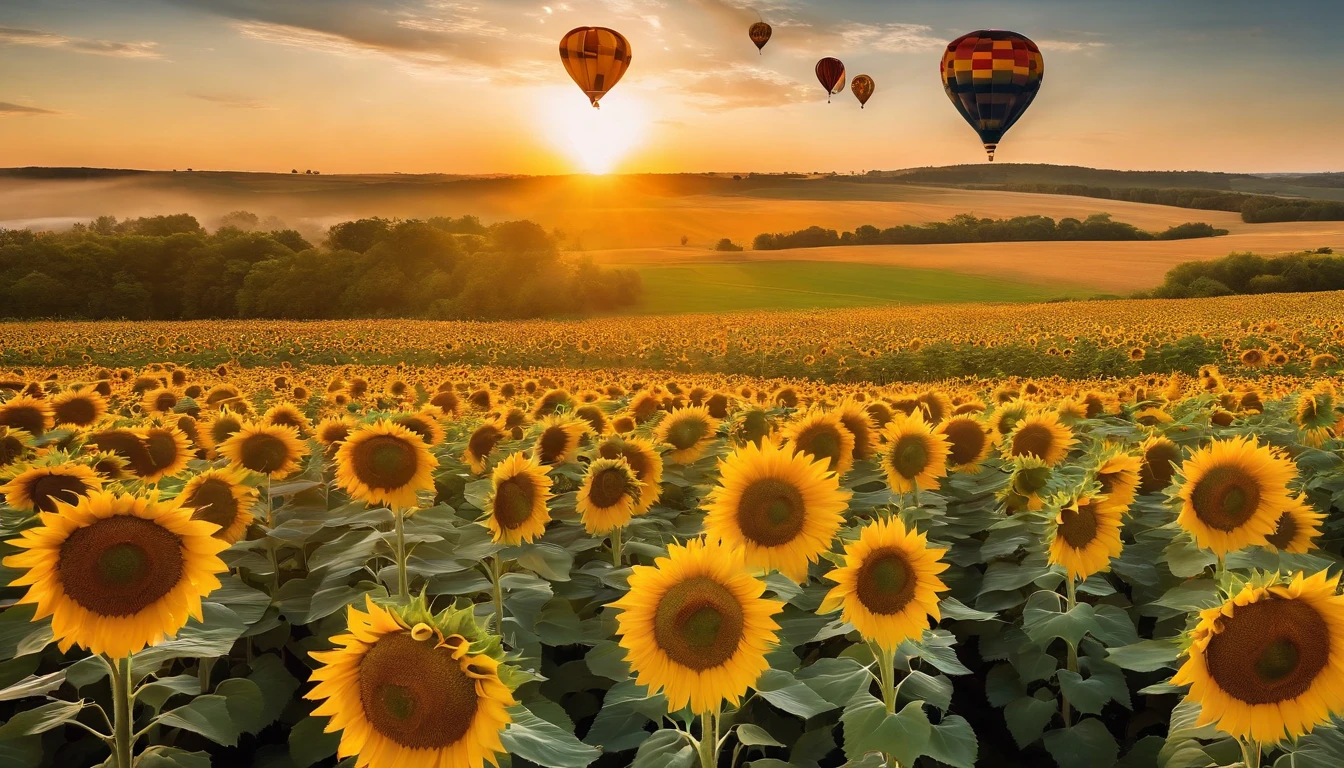 A large field of sunflowers,hot air balloon,overhead photography