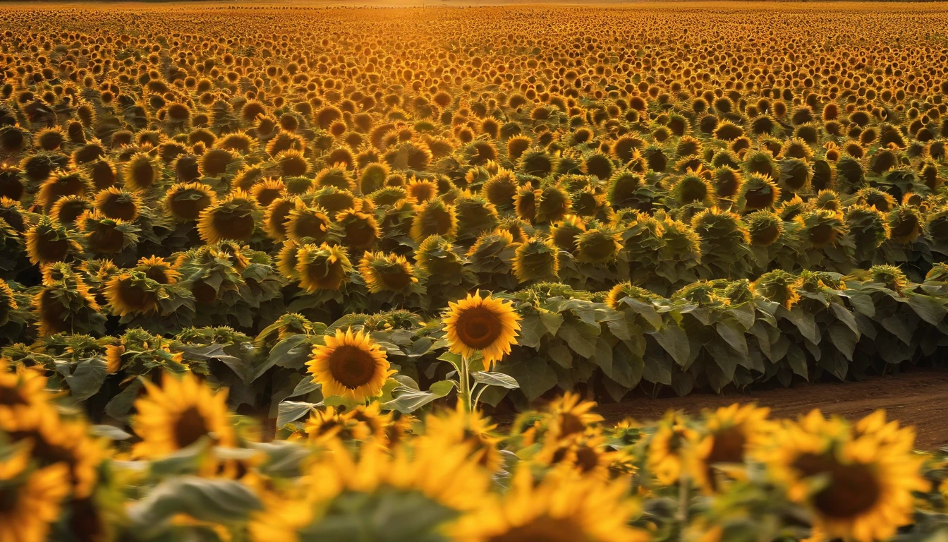 A large field of sunflowers,hot air balloon,overhead photography