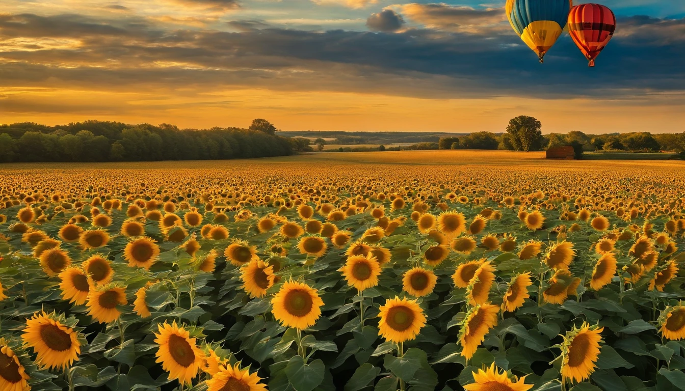 A large field of sunflowers,hot air balloon,overhead photography