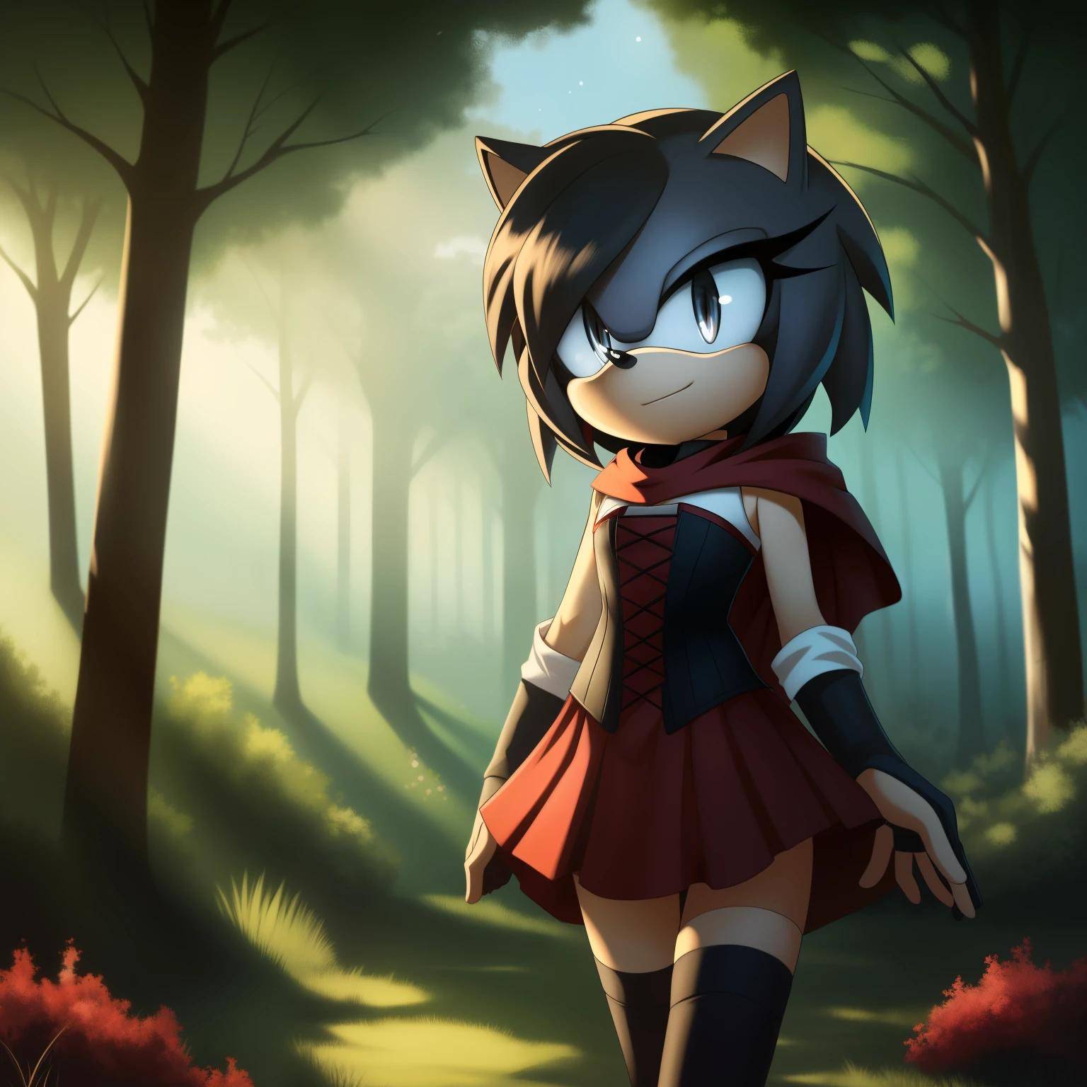 ruby rose, reddish black hair, short hair, mistralrose, dress, corset, red cape, thighhighs, (grey/silver eyes), ((Mobian)), ((Hedgehog)), ((Ruby Rose as a Mobian)), (1girl), (solo), outdoors, night, nature, forest, looking at viewer, (cowboy shot:1.5), ((masterpiece:1.2), best quality, detailed, perfect lighting, (perfect hands), 2D Anime style)