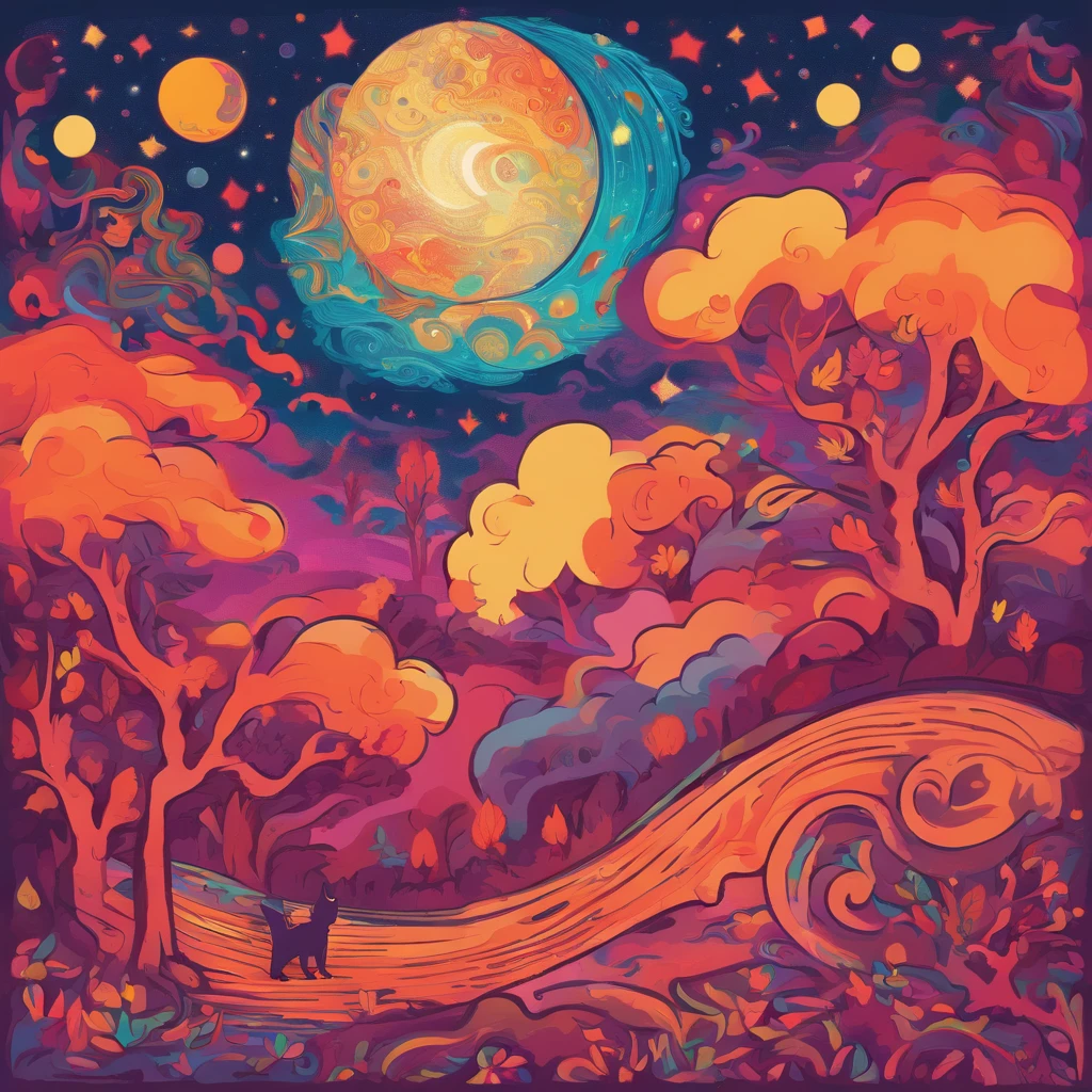 Clouds and trees々A warm moon and starry sky featuring a reddish-brown cat