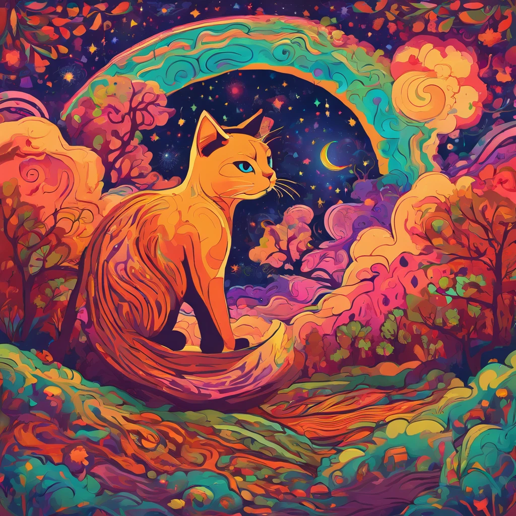 Clouds and trees々A warm moon and starry sky featuring a reddish-brown cat