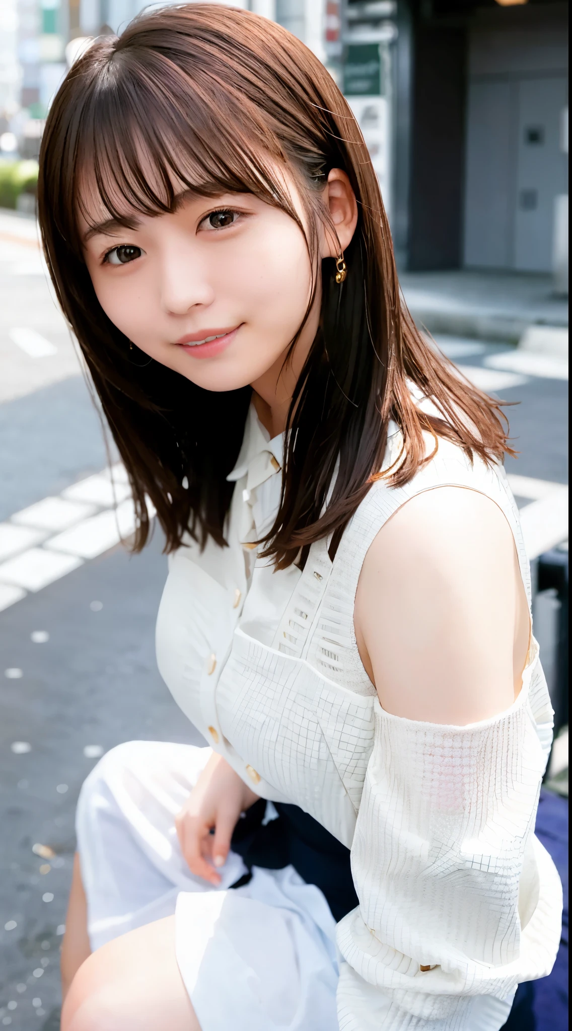 Peeing in toilet pants(Skin blemishes:1.2)、(dent in the skin)、Black eye、Female 1 Person、15 years old、(((femele)))、独奏、realisitic、top-quality、Photorealsitic、​masterpiece、8K、hight resolution、独奏、extra detailed face、(Pro lighting、bokeh dof)、(Particles of light、lensflare、Luminous particles:0.6)、(dynamicposes:1.2)、Soft lighting、Angle view from above、Fashionable and trendy atmosphere、jpn、Street、TOKYOcty、城市、((during daytime)) 、天空、((Viewer's Perspective:1))、(Looking at the camera)、(portlate:0.6)、fully body photo、a gorgeous、Standing、Maintains original facial proportions、broad shoulder、full body Esbian、(big breasts)、 (Medium Hair)、Brown hair、Floating hair、s lips、lipsticks、seducting smile、Floating hair、A smile、open open mouth、牙、(sleeveless sheer blouse)、(jumper skirt)、Lashes、Mole、(Mole under the eyes:1) 、
