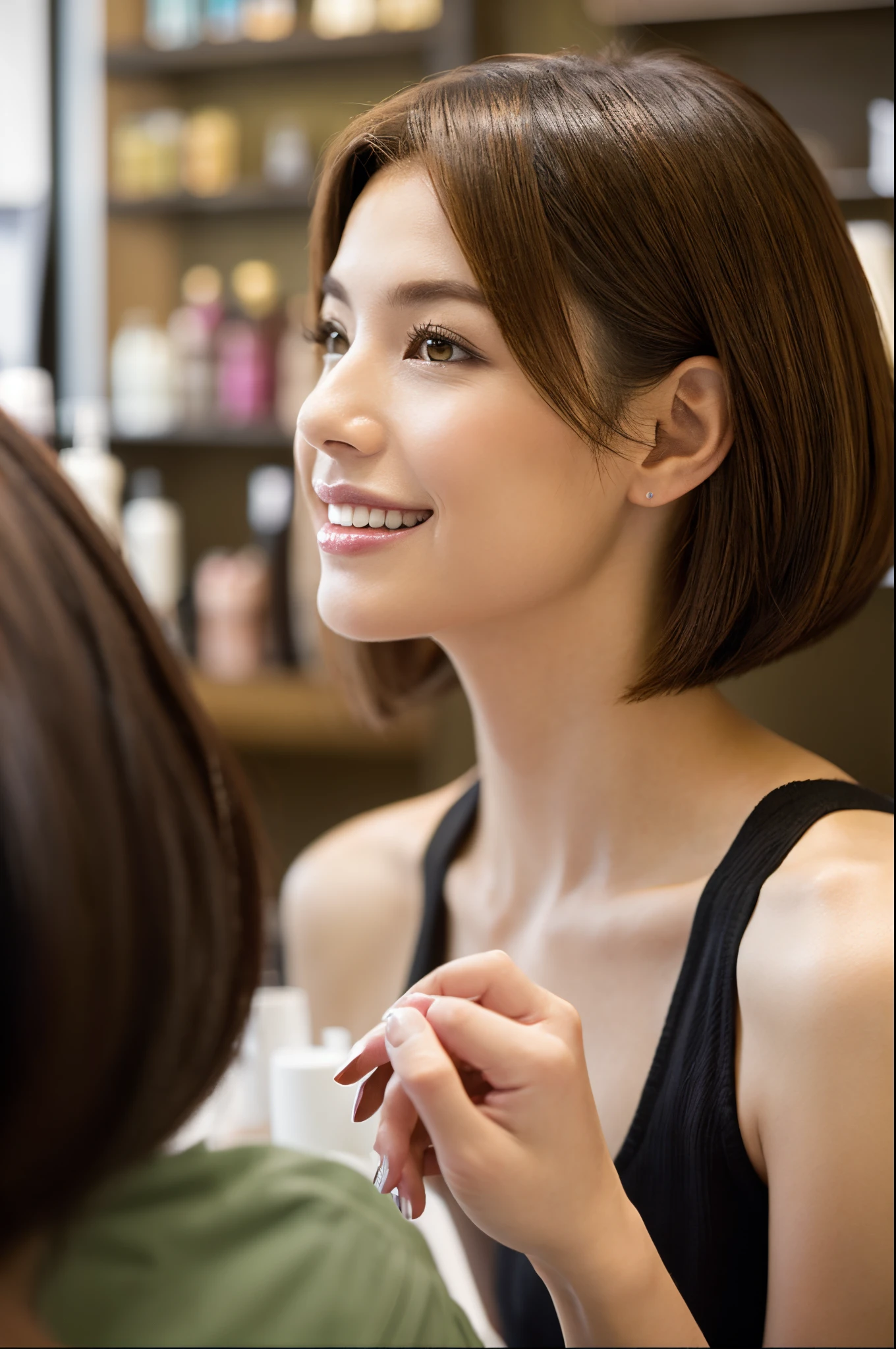 At a modern Japanese beauty salon、A scene in which a woman is consulting about her hairstyle。A woman discusses her hair type and style preferences with her hairdresser。The beauty salon has a sophisticated interior.、The woman's expression is a smile。painted with realistic texture、Capturing the moment a woman chooses the new hairstyle that's perfect for her。
