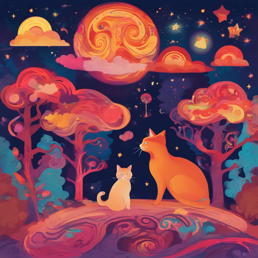 Clouds and trees々A warm moon and starry sky featuring a reddish-brown cat