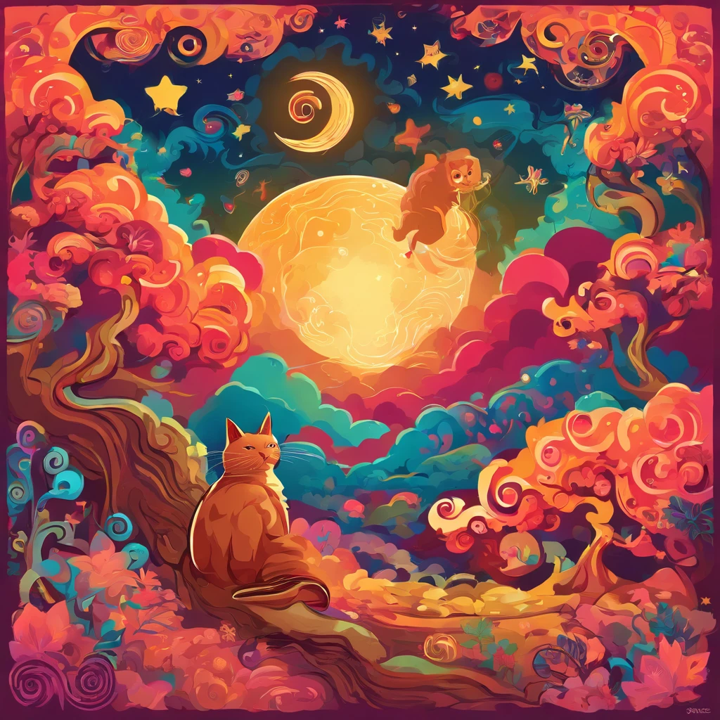 Clouds and trees々A warm moon and starry sky featuring a reddish-brown cat