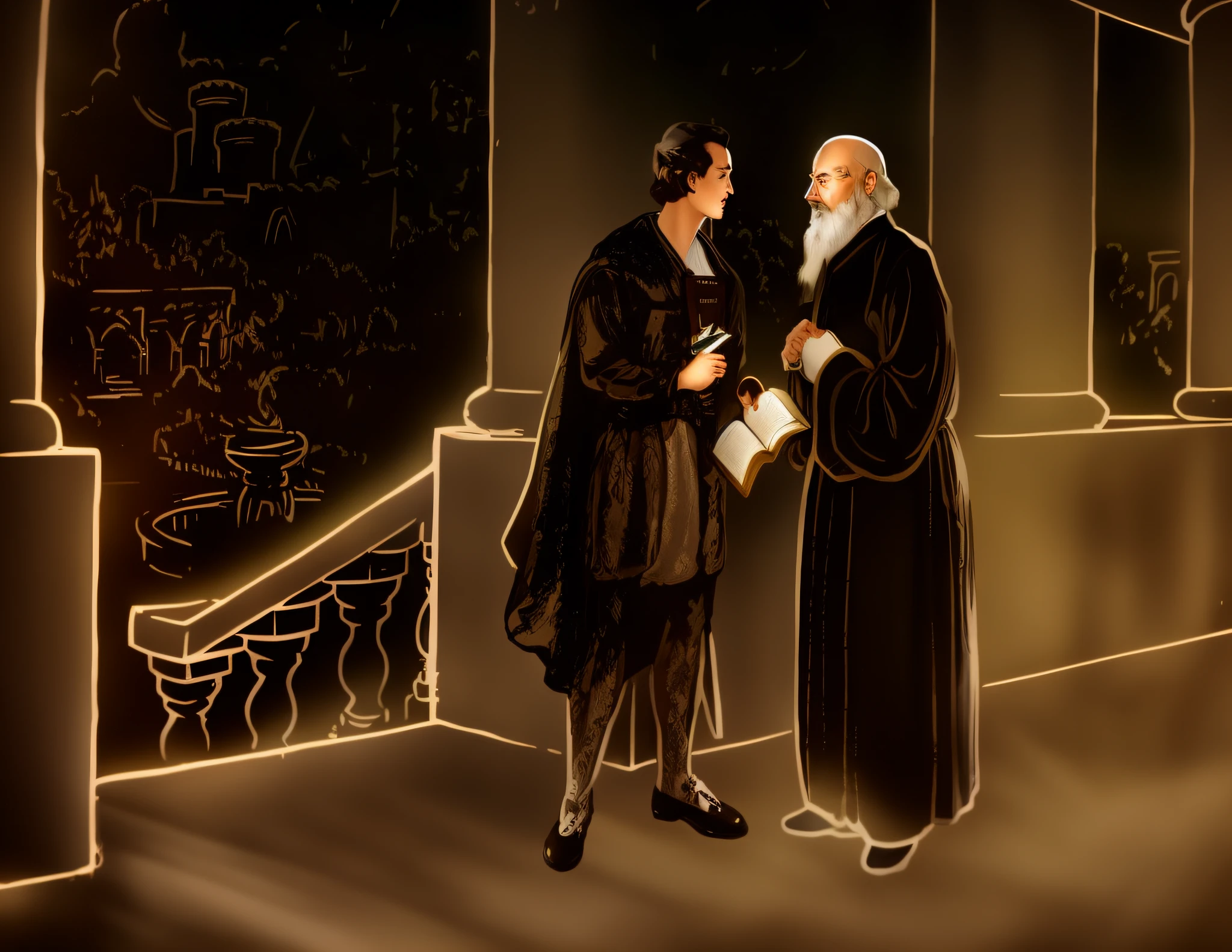 Young prince,Black Tailcoat,brown hair,Long boots,holding a book in his hands。|a old man,Bald,big beard,Light-colored robes,converse。Faraway view,buliding,the trees,baiyun