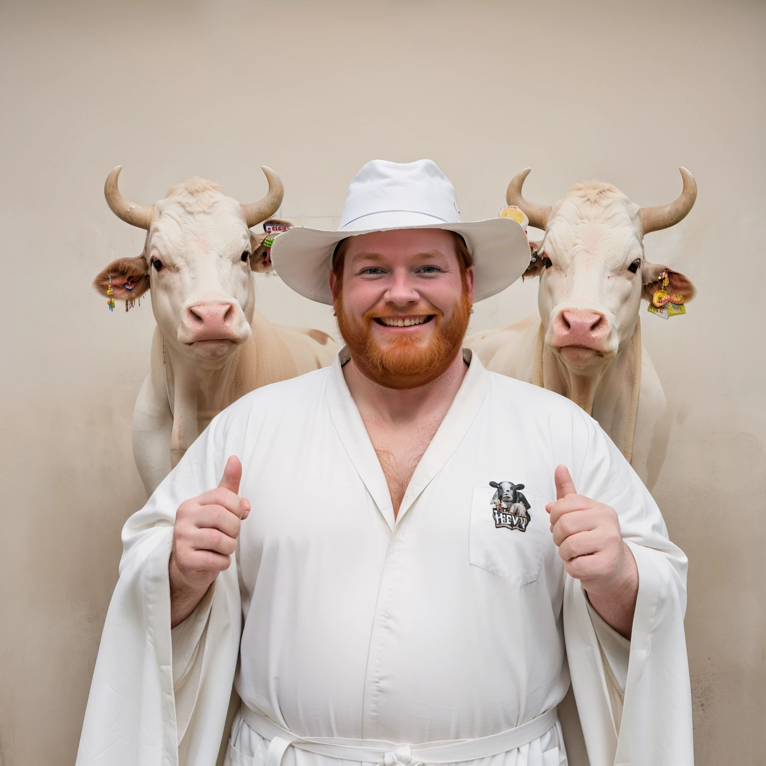 Magical Trevor, chubby wizard in white robe and pointy white hat, red beard with no moustache, happy and smiling, standing next to a cow, bovine. His shirt says "TREV"