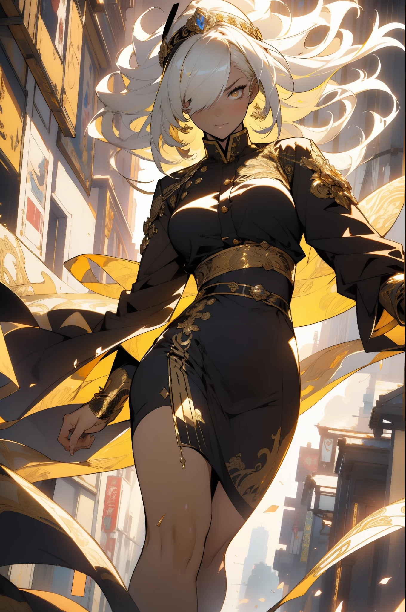 (looking at pov) highly detailed face, realistic face, golden katana, (oversized clothes:1.2), miniskirt,  (dark coat with ornate golden embroidery, golden embellished), (white hair, golden streaks on hair), yellow eyes, thigh strap, (neo city), (clouds), add_detail:1, hair over one eye, largest_breasts!!, (ultra-detailed), hyper details, (intricate details), (cinematic light, best quality Backlights), from pov, perfect body, ), (crown: 1.1), Proud, high contrast, (best illumination, an extremely calm and beautiful),, brown skin, Daylight, 1girl, gold skin, jujutsu kaisen style, (masterpiece), best quality