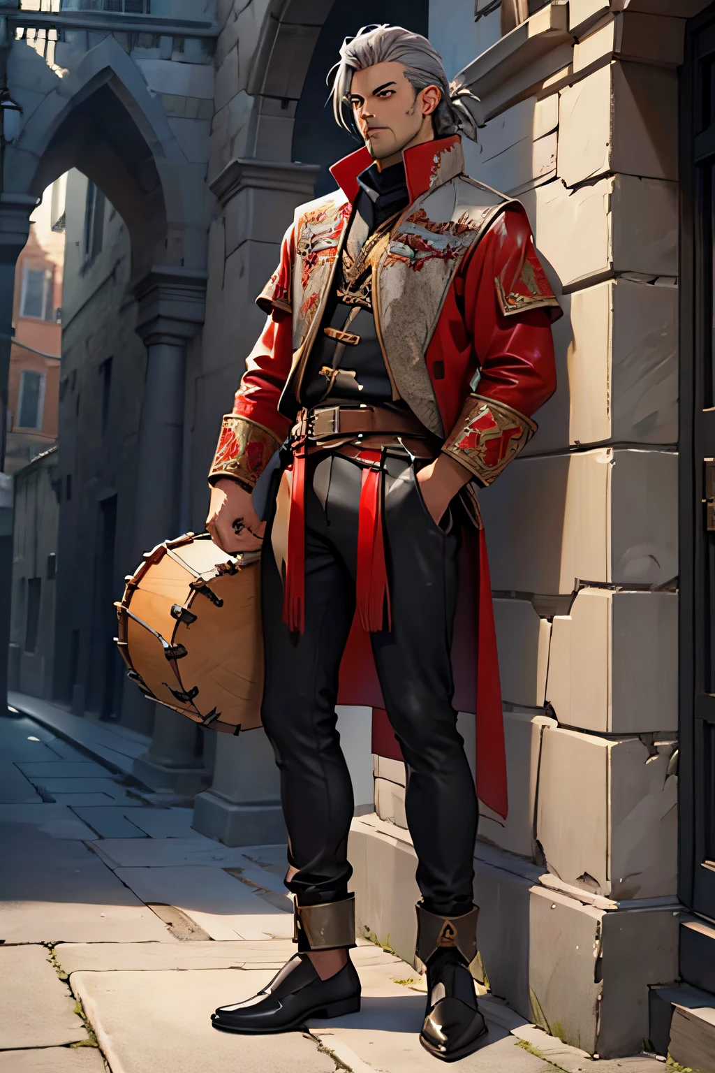 tan skin, human man, bard, fantasy, drum in hand, gigachad, grey hair, black and red leather, full body