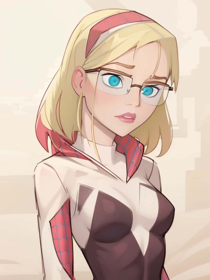 Gwen wearing Spidergwen costume, Spidergwen costume, glasses, flat chested