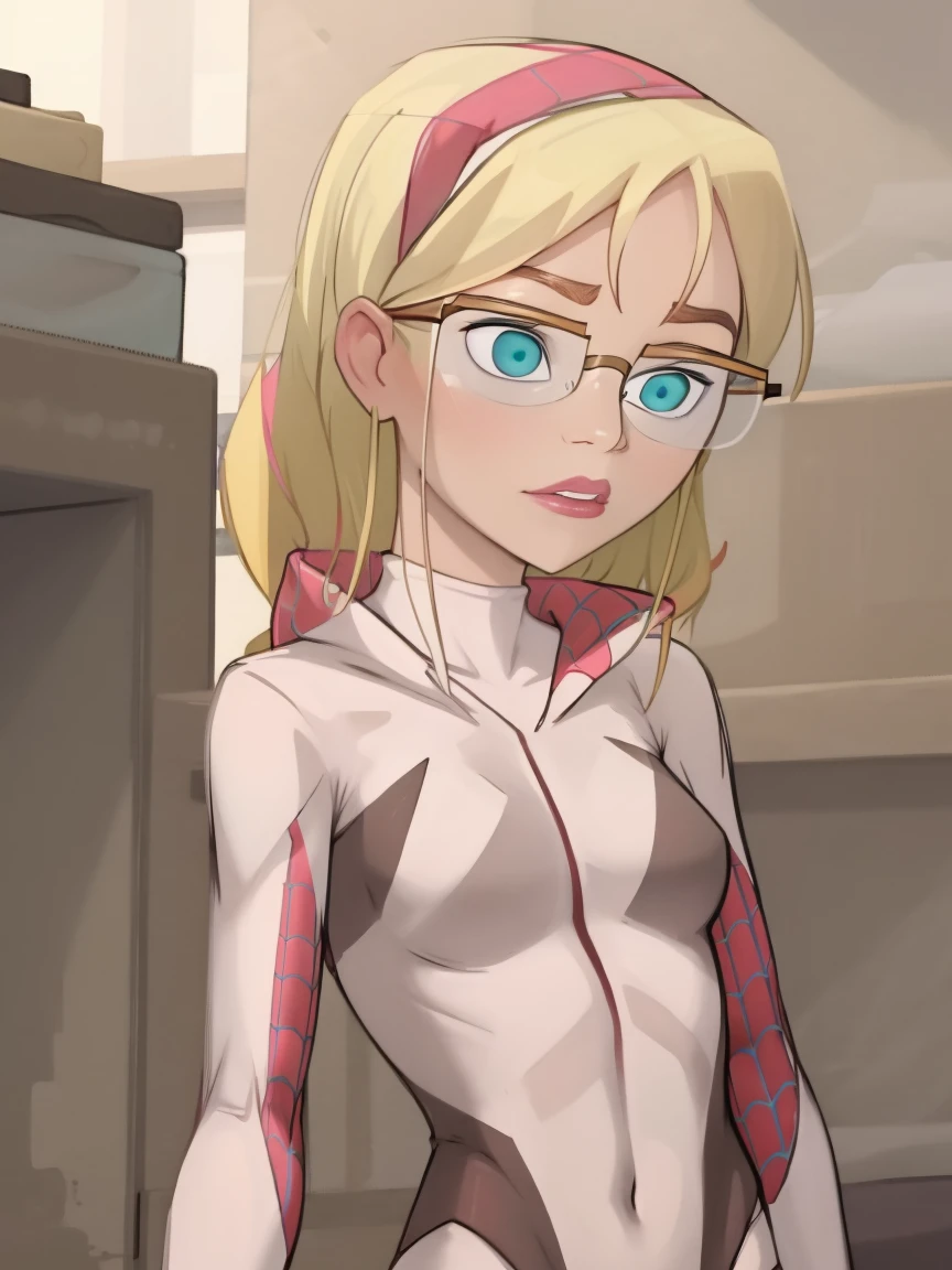 Gwen wearing Spidergwen costume, Spidergwen costume, glasses, flat chested
