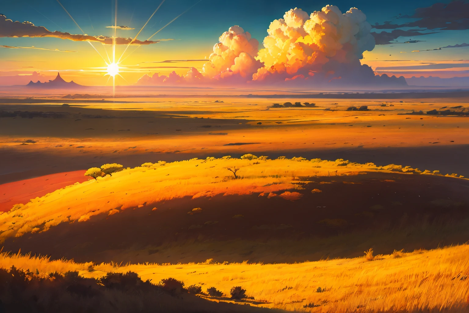 a color acrylic painting of A beautiful Savanna Plain in South Africa, with spectacular cloud formations, where the sun shines in a vibrant display of colors