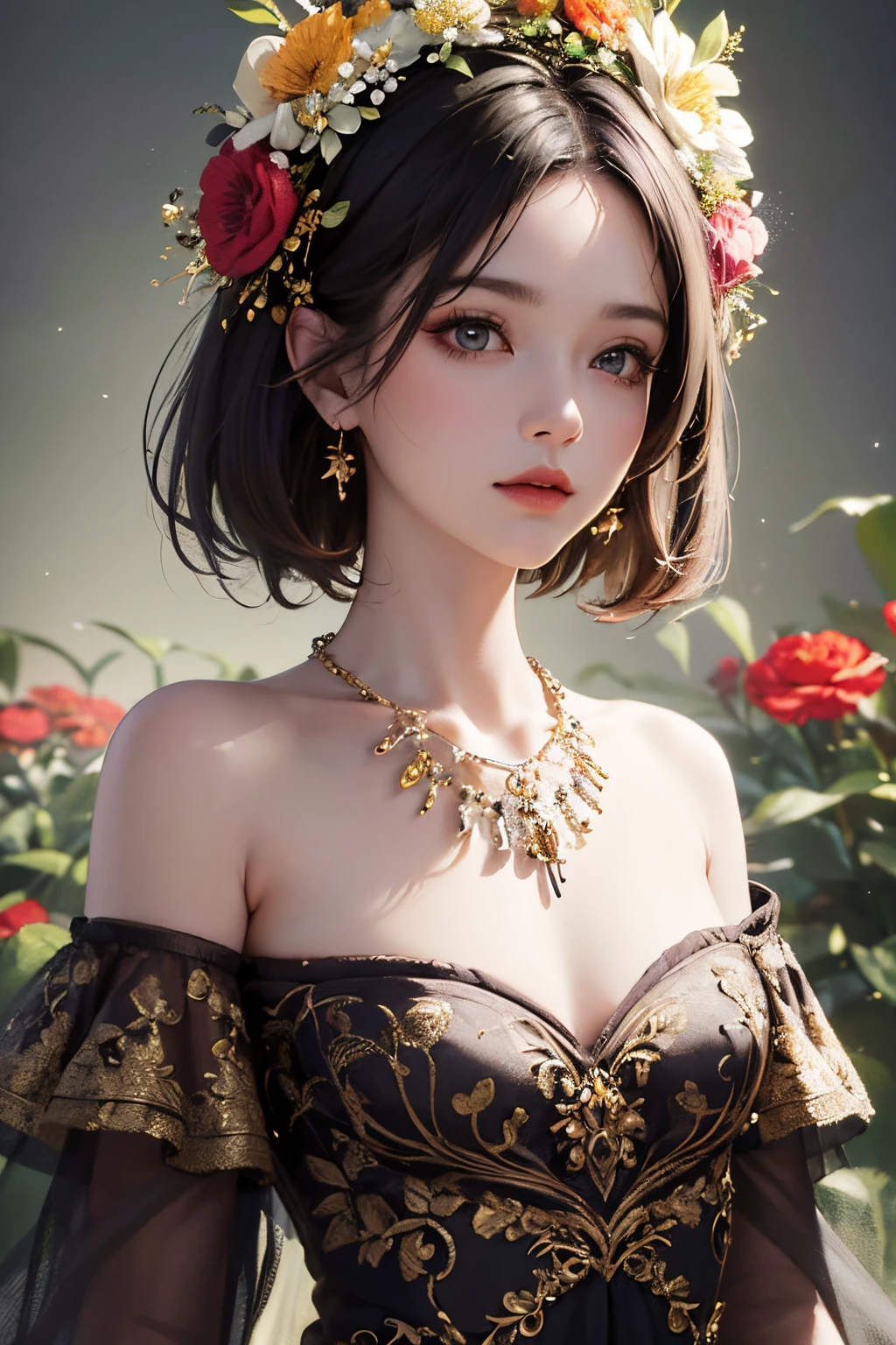 (masterpiece, highres, detailed, 4k, 8k, wallpaper) upper body girl capture, off shoulder, small bust, floral on head, full floral background, close up shot, detailed, short hair, jewerly, necklace, apttern, abstract, artstyle, fantasy, backlight, cinematic, dark tone