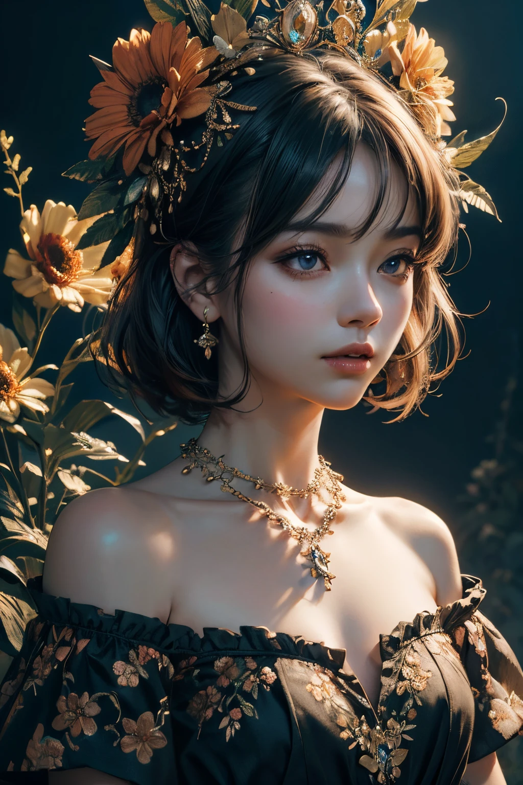 (masterpiece, highres, detailed, 4k, 8k, wallpaper) upper body girl capture, off shoulder, small bust, floral on head, full floral background, close up shot, detailed, short hair, jewerly, necklace, apttern, abstract, artstyle, fantasy, backlight, cinematic, dark tone