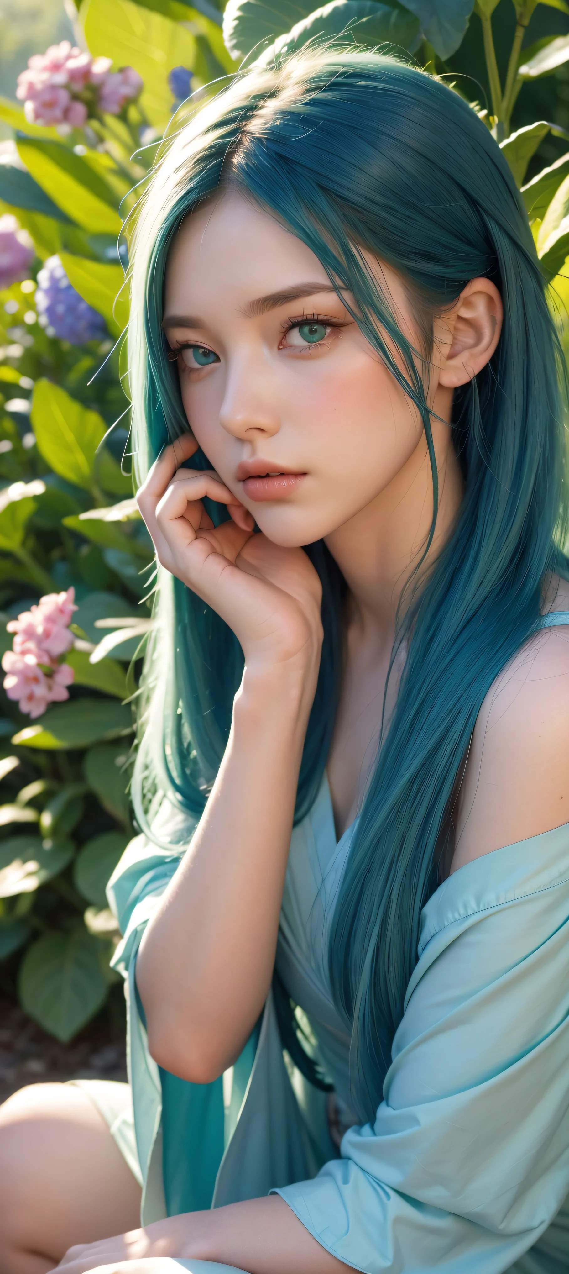 8k, raw, (masterpiece, best quality),1girl with long teal blue hair sitting in a field of green plants and flowers, detailed green eyes, her hand under her chin, warm lighting, beautiful red dress, beautiful foreground