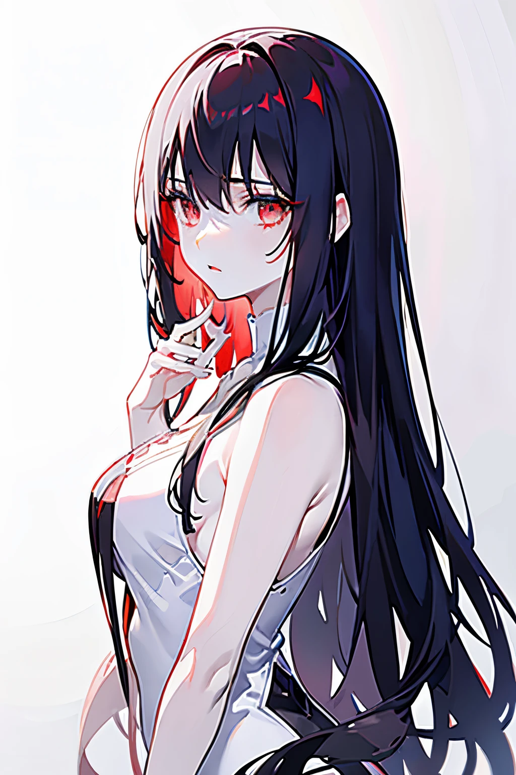 Girl Naked, fantasy , full color, black hair, nude, glowing red eyes, blood in body , skinny, killer 