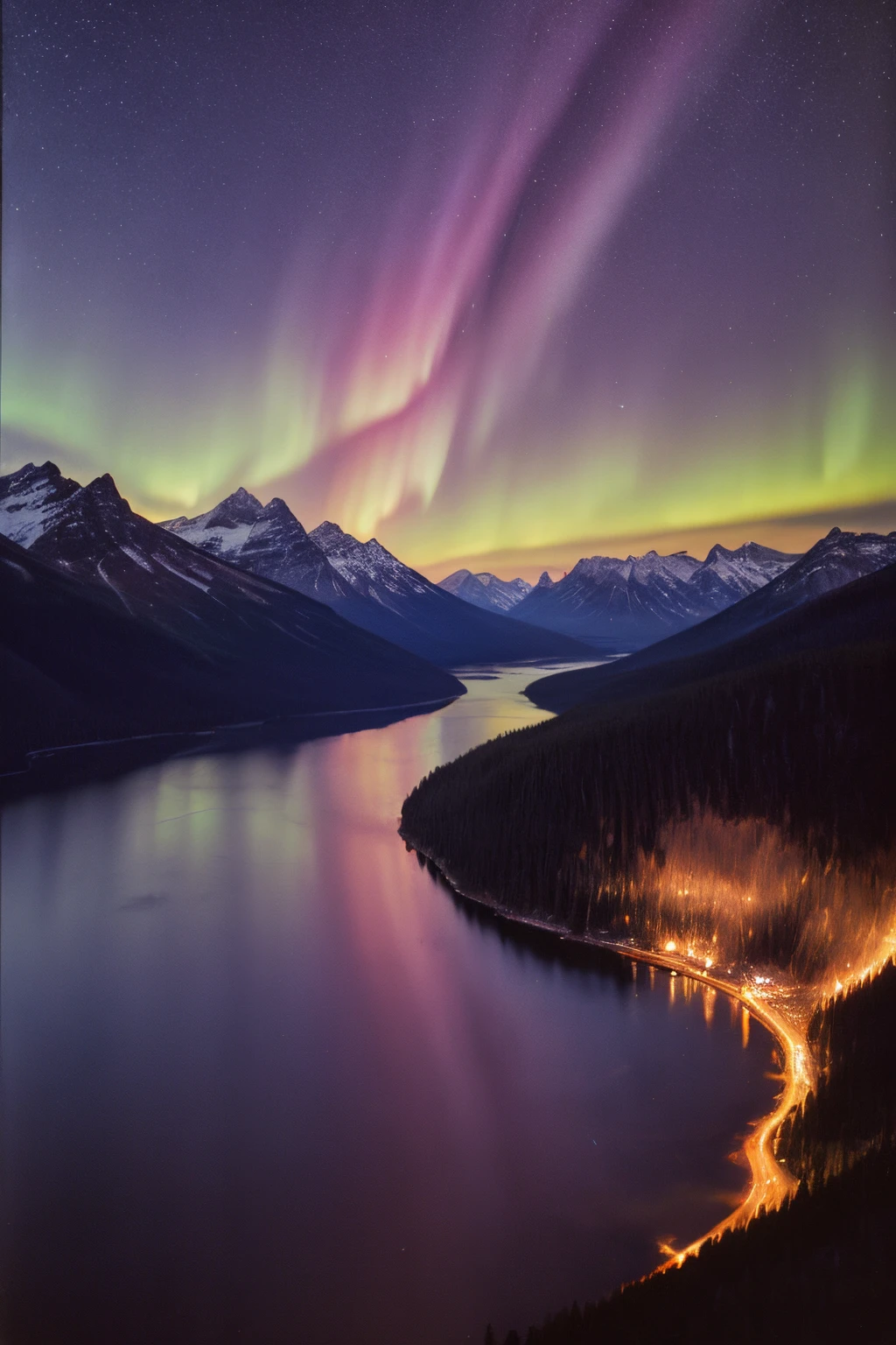 film still, Cinematic, A night photo of a of a layered mountains, massive mountain, telephoto lens, 200mm, long exposure, stars, polaroid colorful tone film, beautiful river,(magical cloudscape), mystical sky, aurora borealis, northern lights, at night, centered composition, symmetrical, glacier national park, Yellowstone, National Geographic, (galaxy), solar eclipse, rim light, shot on canon, shot on film, film grain