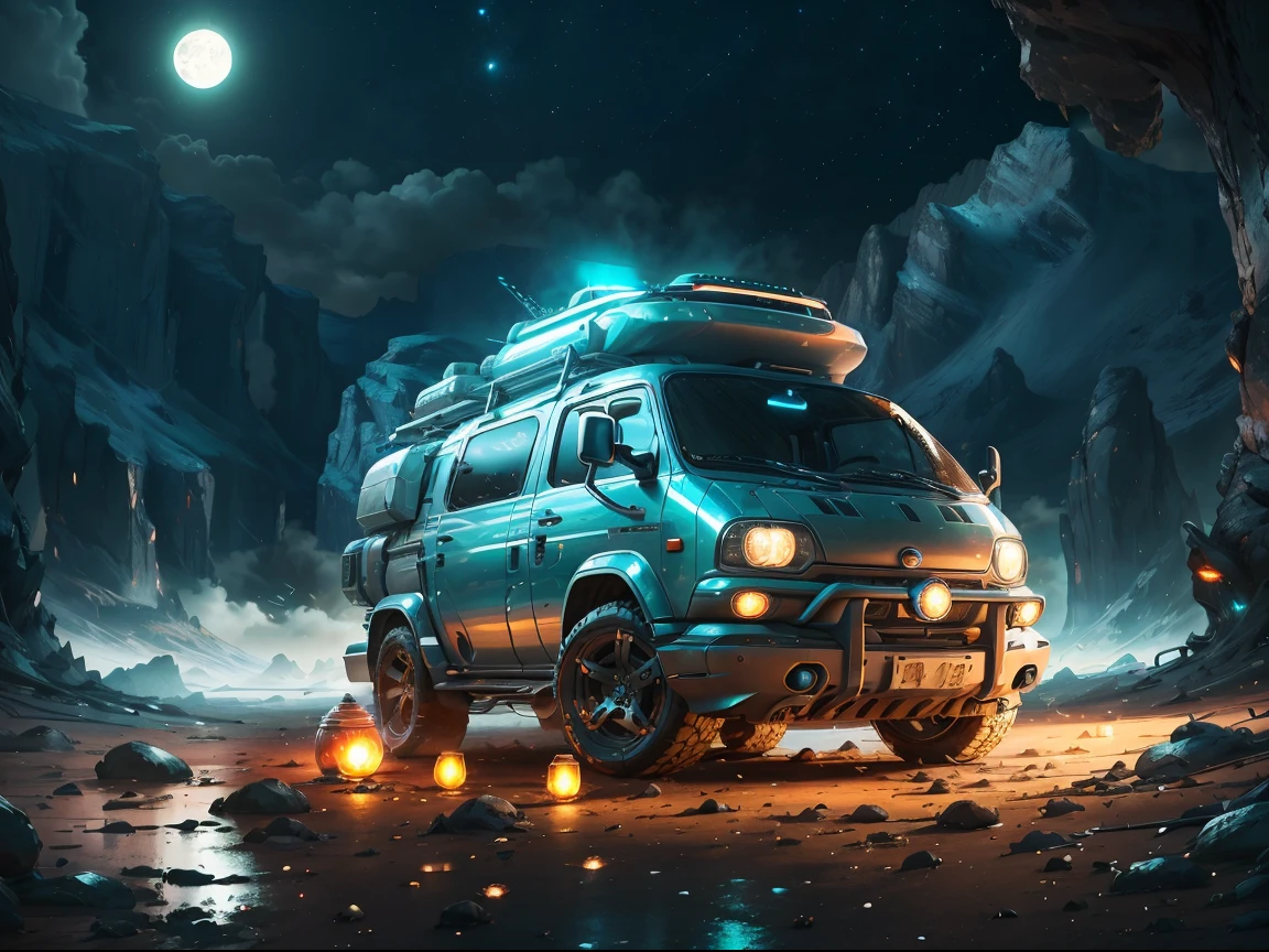 concept-art, best qualtiy，tmasterpiece，超高分辨率，photograph realistic：1.4，  ultra-detailliert，[A futuristic(LunarPunkAI:Campervan),Colorful LED lights,Smooth curves,(streamlined line design)]。cozily, camping, vivd colour, Reflection,Surrounded by nature,lush landscape。