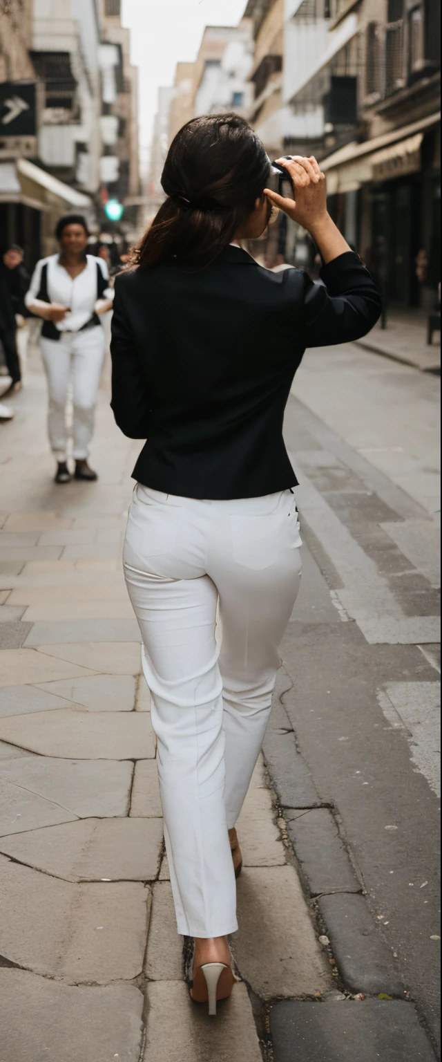 Woman walking down the street, Black pantsuit, wearing white clothes, (Take a picture of yourself:1.3)