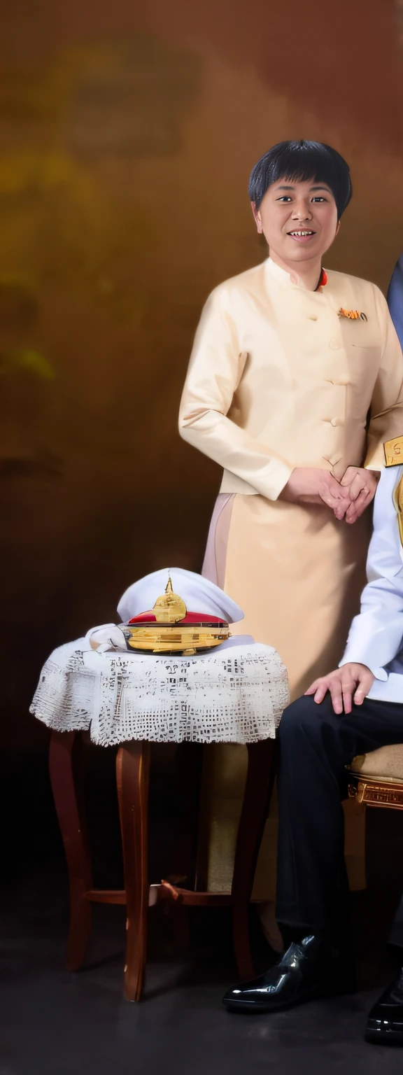they are posing for a picture in uniform and a chef, ceremonial portrait, royal attire, royal portrait, closeup portrait shot, wearing a royal robe, sukhothai costume, crown and gown, backdrop, dressed in shako, portrait shot, royal photography, couple, wearing a luxurious royal cloak, royal photo, seated in royal ease, royal elegant pose