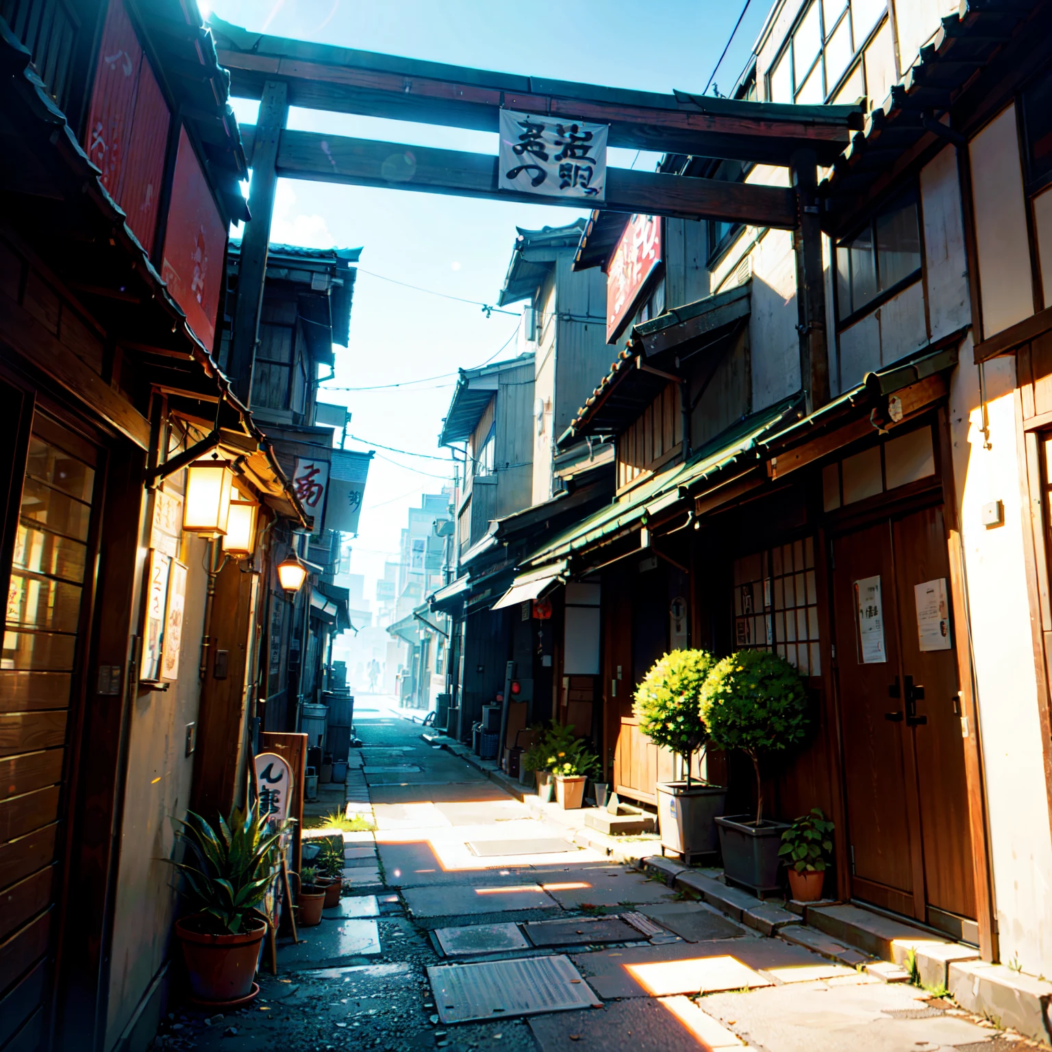 high detail, anime, anime style, sparkle, cinematic lighting, glowing light, reflection light, close-up, lens flare, masterpiece, high details, best quality, super detail, high quality, anime background, anime wallpaper, sunny weather, bright blue sky, dramatic lighting, narrow japanese urban alleyway, japanese shop signs, japanese signs, japanese banners, banners, plant pots, plants, trees, grass, cobble path, trash cans, nigh time, dark, street lights,, (realistic,photorealistic:1.37), narrow anime street, urban, compact,