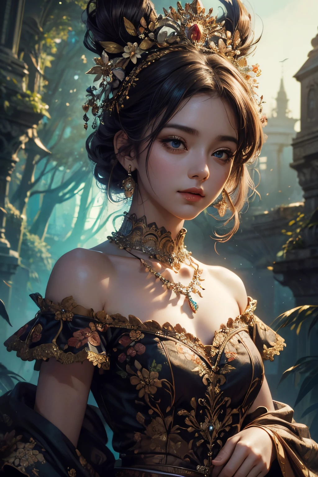 (masterpiece, highres, detailed, 4k, 8k, wallpaper) upper body girl capture, off shoulder, small bust, floral on head, full floral background, close up shot, detailed, short hair, jewerly, necklace, apttern, abstract, artstyle, fantasy, backlight, cinematic, dark tone