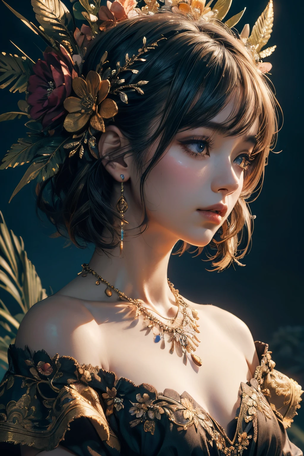 (masterpiece, highres, detailed, 4k, 8k, wallpaper) upper body girl capture, off shoulder, small bust, floral on head, full floral background, close up shot, detailed, short hair, jewerly, necklace, apttern, abstract, artstyle, fantasy, backlight, cinematic, dark tone