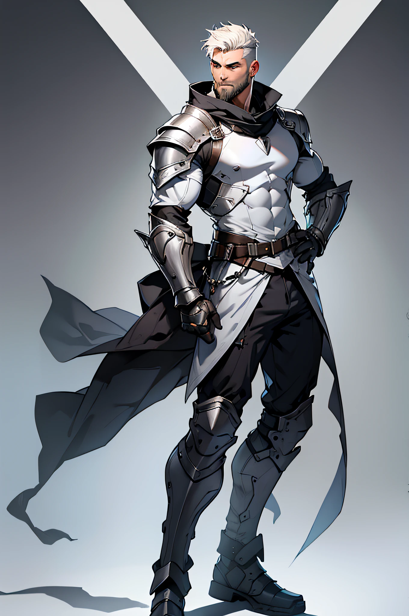 Male, Human, White short hair, full body, soldier, fighter, fit build, silver armor, full body, gigachad, full beard