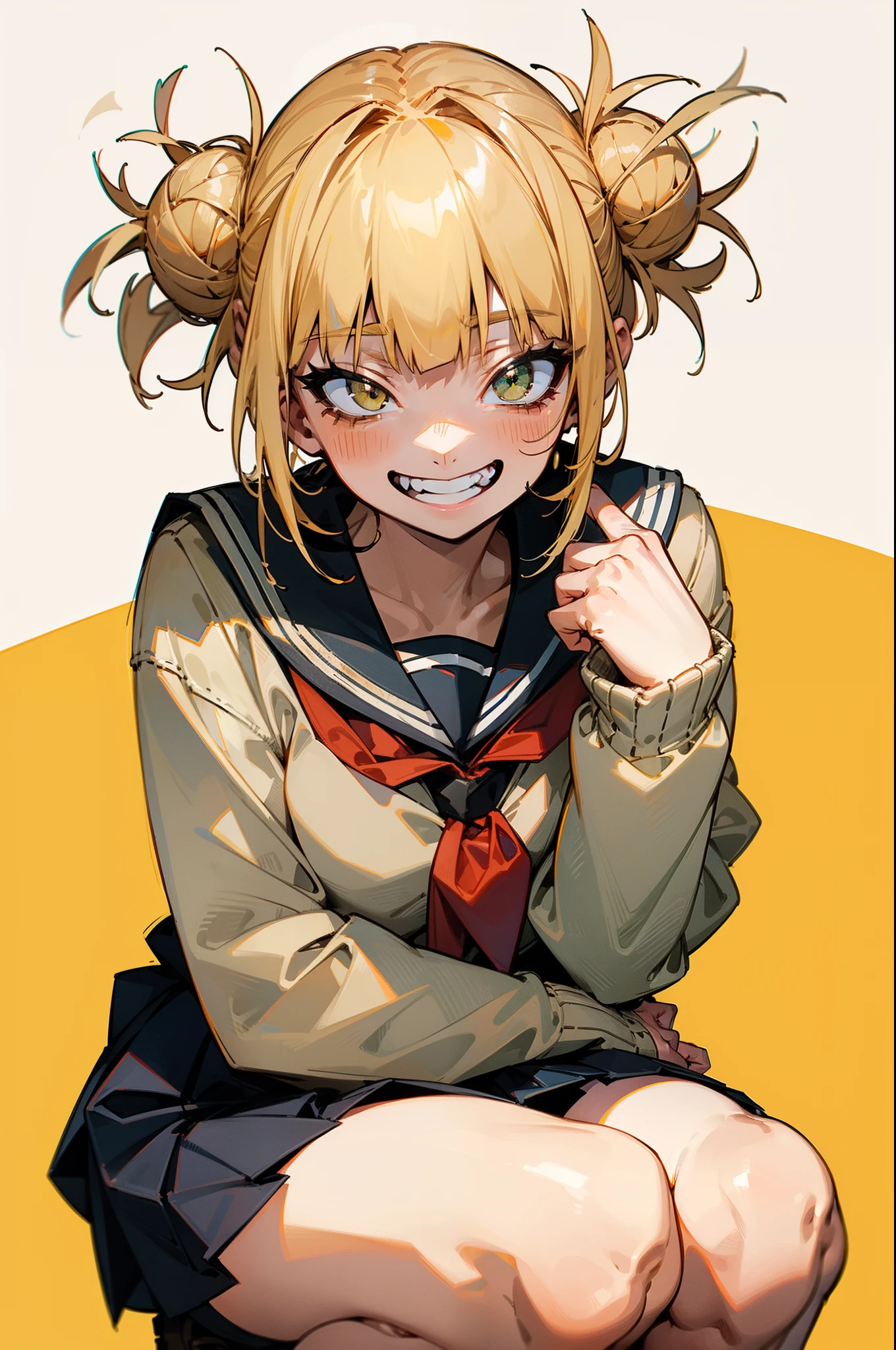 masterpiece, top-quality, best quality, ultra detailed, solo, A detailed face, Himiko Toga, School uniform, blonde  hair, Show your teeth and grin, Squatting, close knees, Put hand on cheek