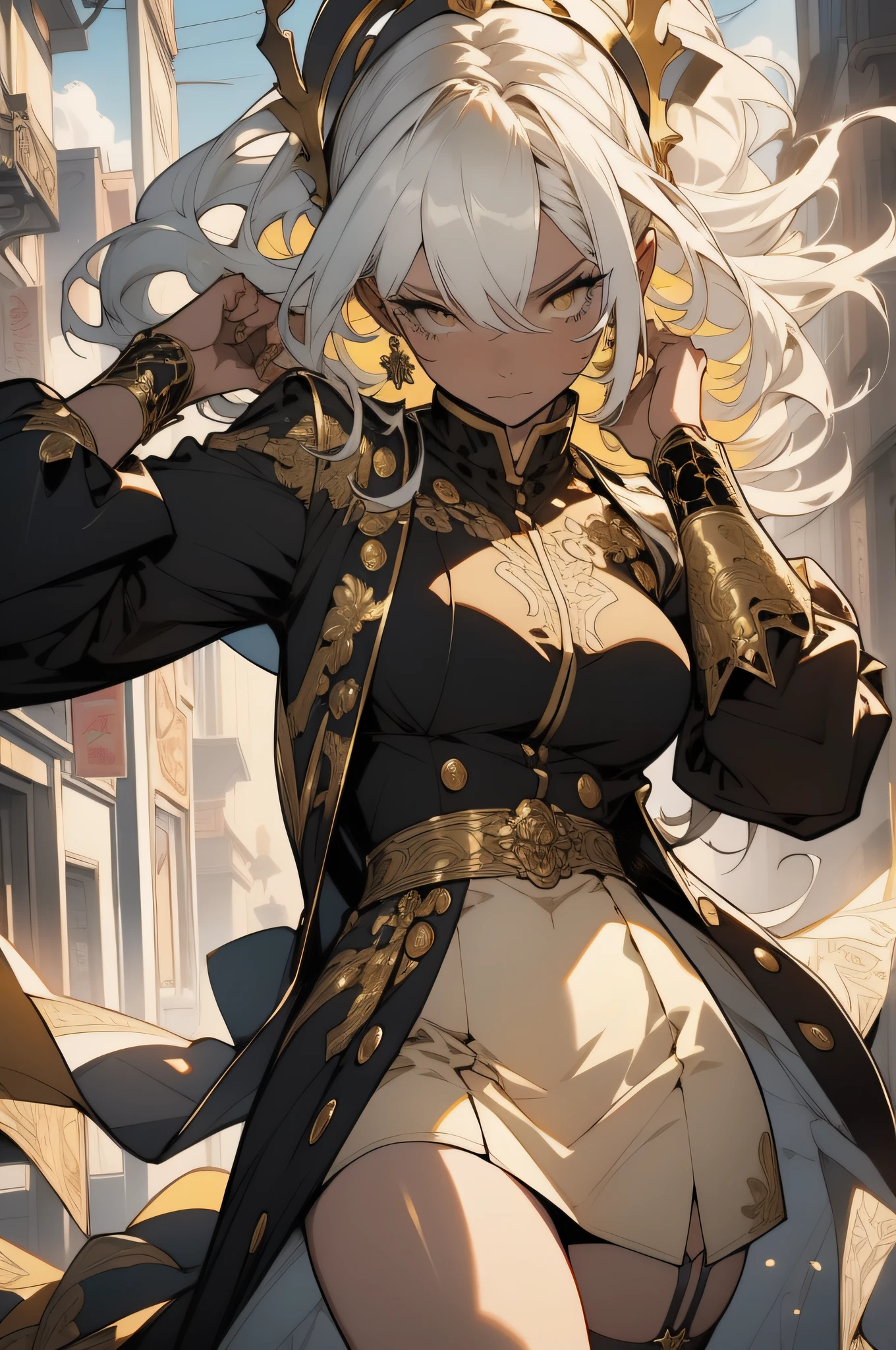 (looking at pov) highly detailed face, realistic face, falling toward pov,, (oversized clothes:1.2), miniskirt,  (dark coat with ornate golden embroidery, golden embellished), (white hair, golden streaks on hair), yellow eyes, thigh strap, (neo city), (clouds), add_detail:1, hair over one eye, largest_breasts!!, (ultra-detailed), hyper details, (intricate details), (cinematic light, best quality Backlights), from pov, perfect body, ), (crown: 1.1), Proud, high contrast, (best illumination, an extremely calm and beautiful),, brown skin, Daylight, 1girl, gold skin, jujutsu kaisen style, (masterpiece), best quality