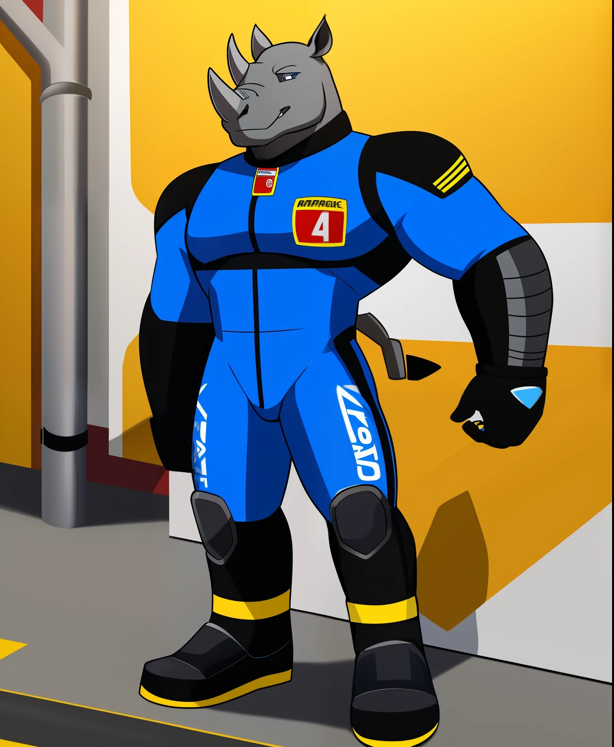 Steering the male rhino supervillain, tires on his supersuit, racecar themed supersuit, full body view