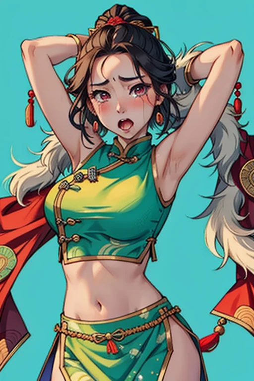 ancient Chinese costume，Beutiful women，Crop topping，constricted pupil，with her mouth open，streaming tears，Cover your stomach with your hands