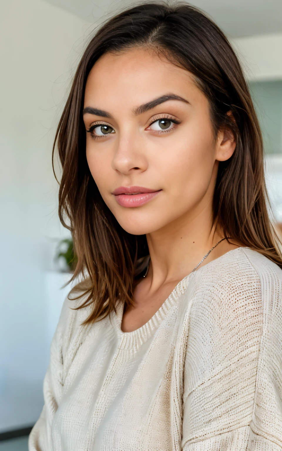 Beautiful brunette in a light beige sweater (Nail care in a modern beauty salon), muy detallado, 21-year-old, Cara inocente, cabello ondulado natural, ojos azules, High resolution, Obra maestra, La mejor calidad, Detalles intrincados, Altamente detallado, foco nítido, Piel detallada, textura realista de la piel, textura, ojos detallados, profesional, 4k, sonrisa encantadora, filmado en Canon, 85 mm, poca profundidad de campo, Kodak Vision Color, Cuerpo de ajuste perfecto, extremadamente detallado, Cinematographer_\(ultra\), photoreallistic, Realstic, Postproceso, Maximum details, aspereza, vida real, ultra realista, Fotorrealismo, Cinematographer, 8k UHD, Cinematographer