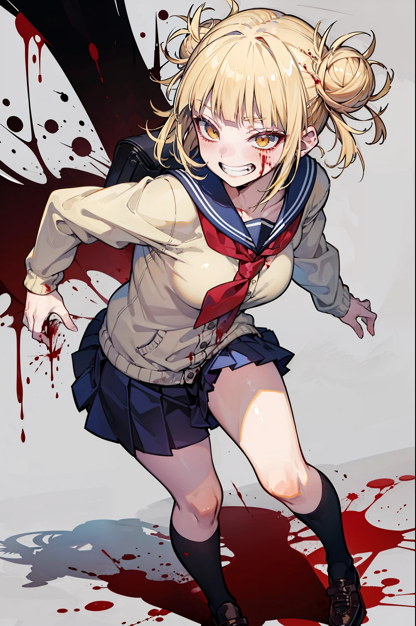 masterpiece, best quality, very aesthetic, absurdres, newest, 1girl, solo, blonde hair, shaved bangs, evil smile, female focus, blood, fangs, grabbing silver knife blade, waist-up