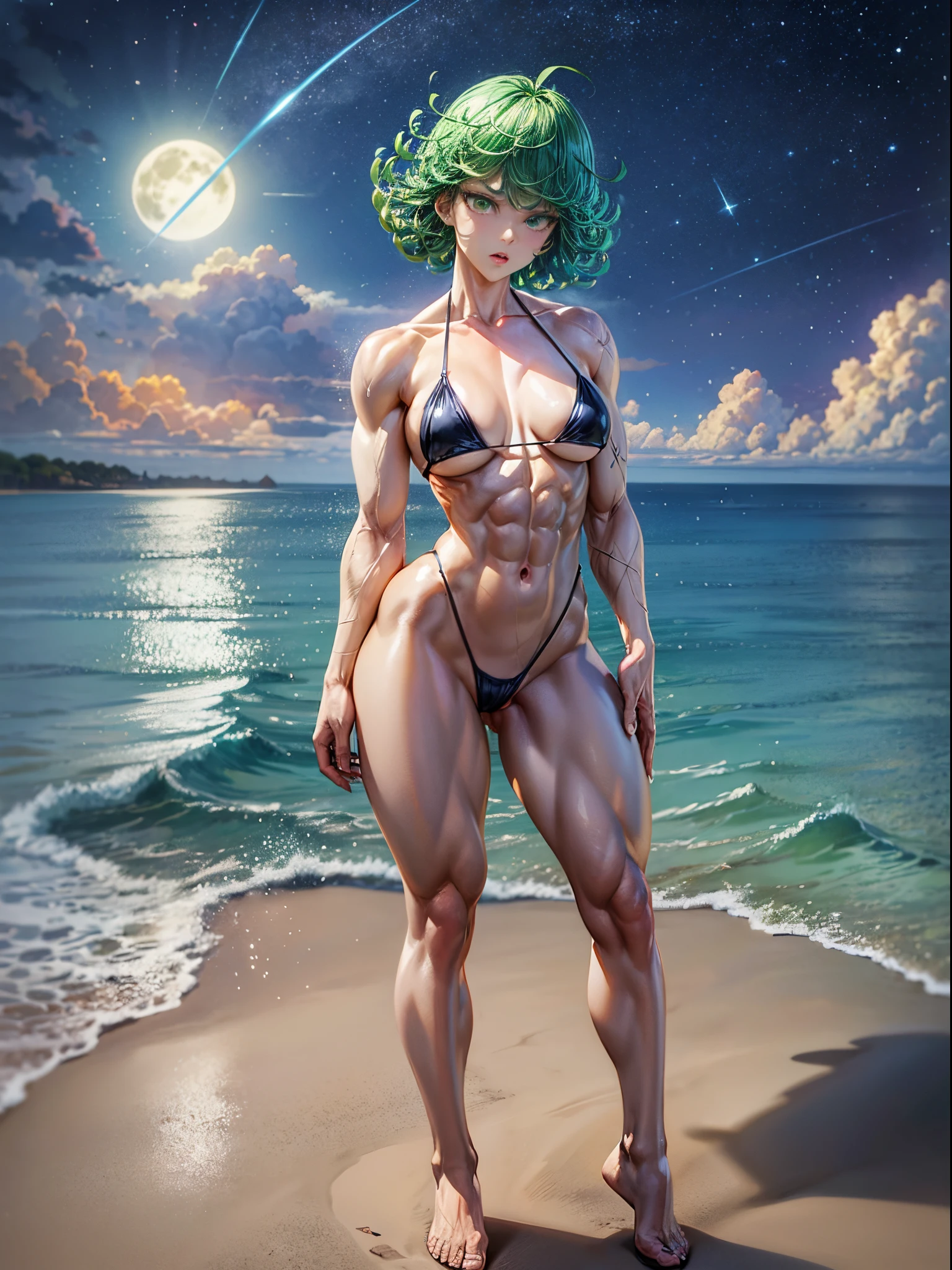 (((1 girl))), (Tatsumaki of a punch man), (short green hair), (green eyes), small chest, (((wearing bikini))), full body view, (Standing on beach at night with starry sky and full moon), (((muscular lean legs))), thin waist, belly muscles, big ass, (((full body photo))), barefoot, (((showing ass for me))), (in a bad mood), (bottom photo), eye flare, glowing eyes, glowing eyes, moody, anime, minimalism, anime style, ray tracing, cinematic lighting, cinematic lighting, glow, glare, JPEG artifacts, bright light, god rays, ray tracing, drop shadow, panorama, Sony FE, behind, underneath, underneath, UHD, master piece, precise, accurate, anatomically correct, Super Detail, high quality, best quality, High, 16k