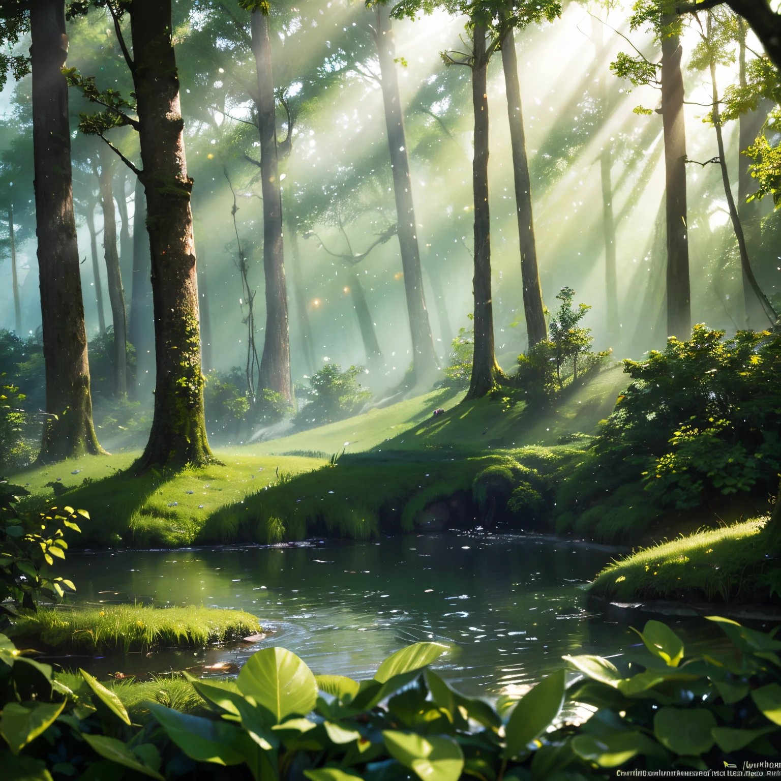 finest image, (8k, RAW photo, realistic), mist in the woods, forest, lakeside, overgrown trees, sunlight filtering through the leaves, blurry background fantasy, dewdrops, that emits fantastic light, light particles, light sparkles, iridescent light particles, detailed and delicate depiction, professional lighting
