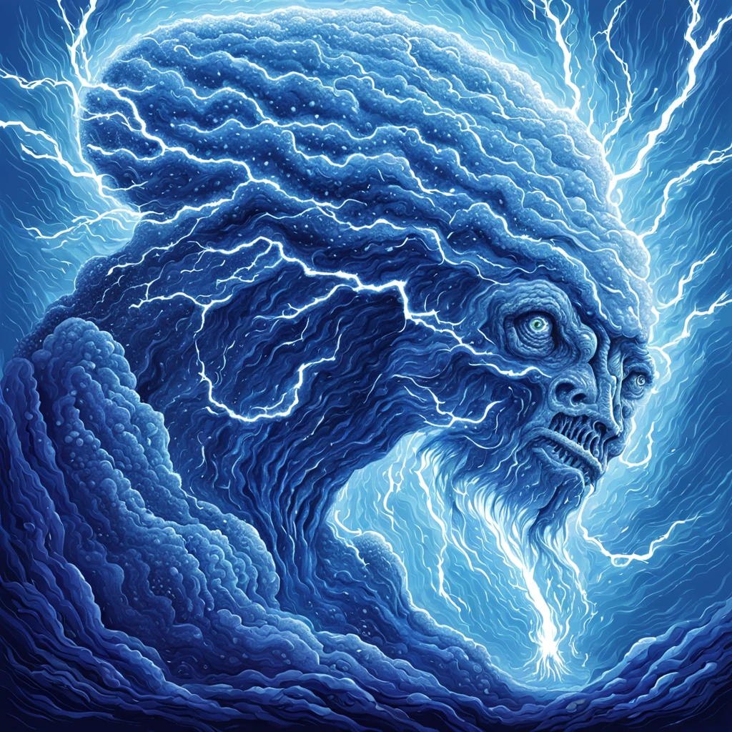 Xyx Elder is a type of Xyx native to Arderial This creature has a cloud-like body which is energized with lightning, masterpiece, best quality, background storm , in pointillism art style