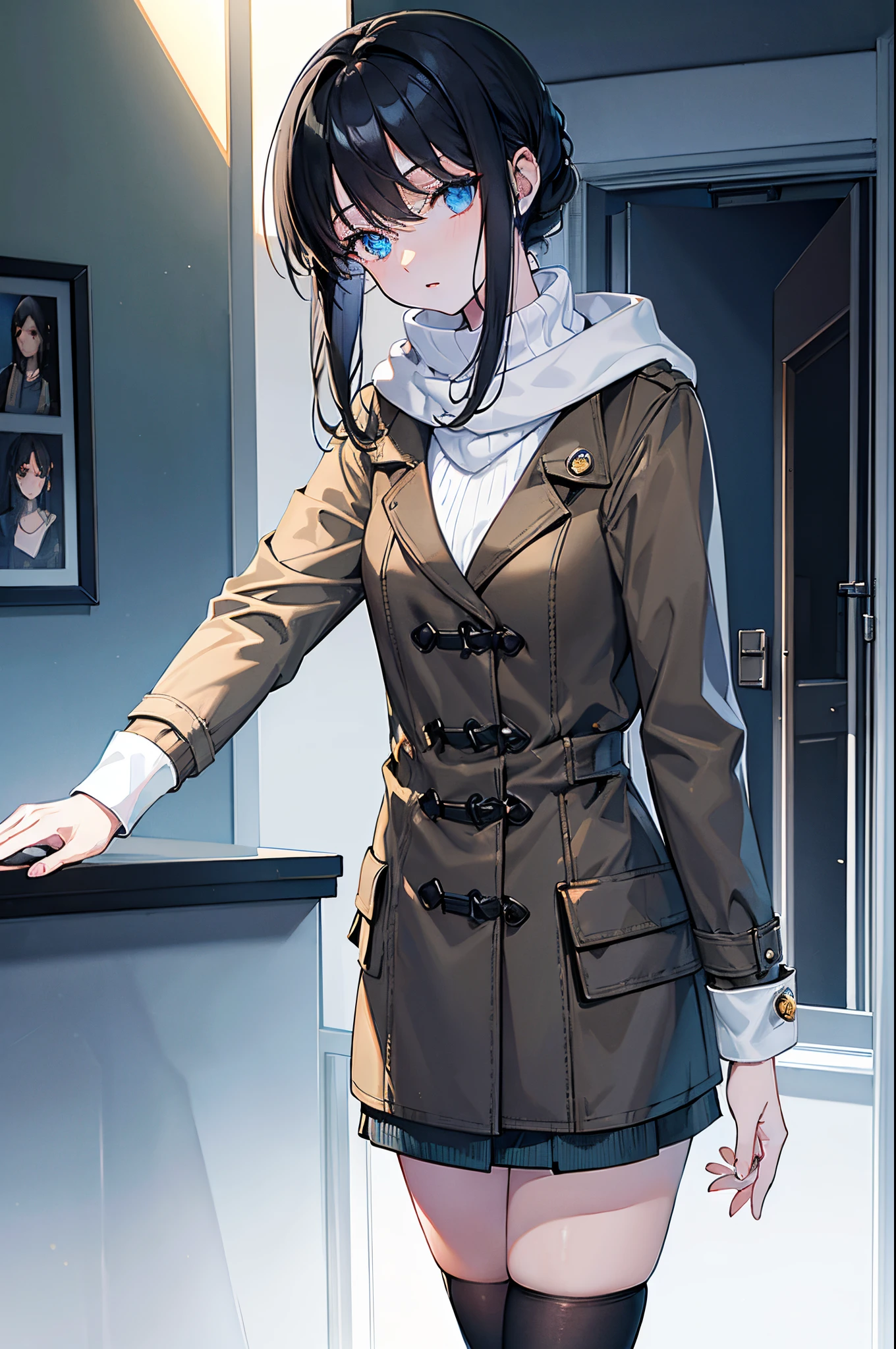 A dark-haired　blue eyess　White mini skirt　Brown sweater　Black tights　green coat　in a house　pension　​masterpiece　Top image quality　Clear 　cinematic shadow　Increased attractiveness of the eyes　Clear the shine of the eyes　Draw eyelashes neatly　Perfect Eye　A detailed eye　Sharpen image quality　Sharpen eye writing　Clear eye shape