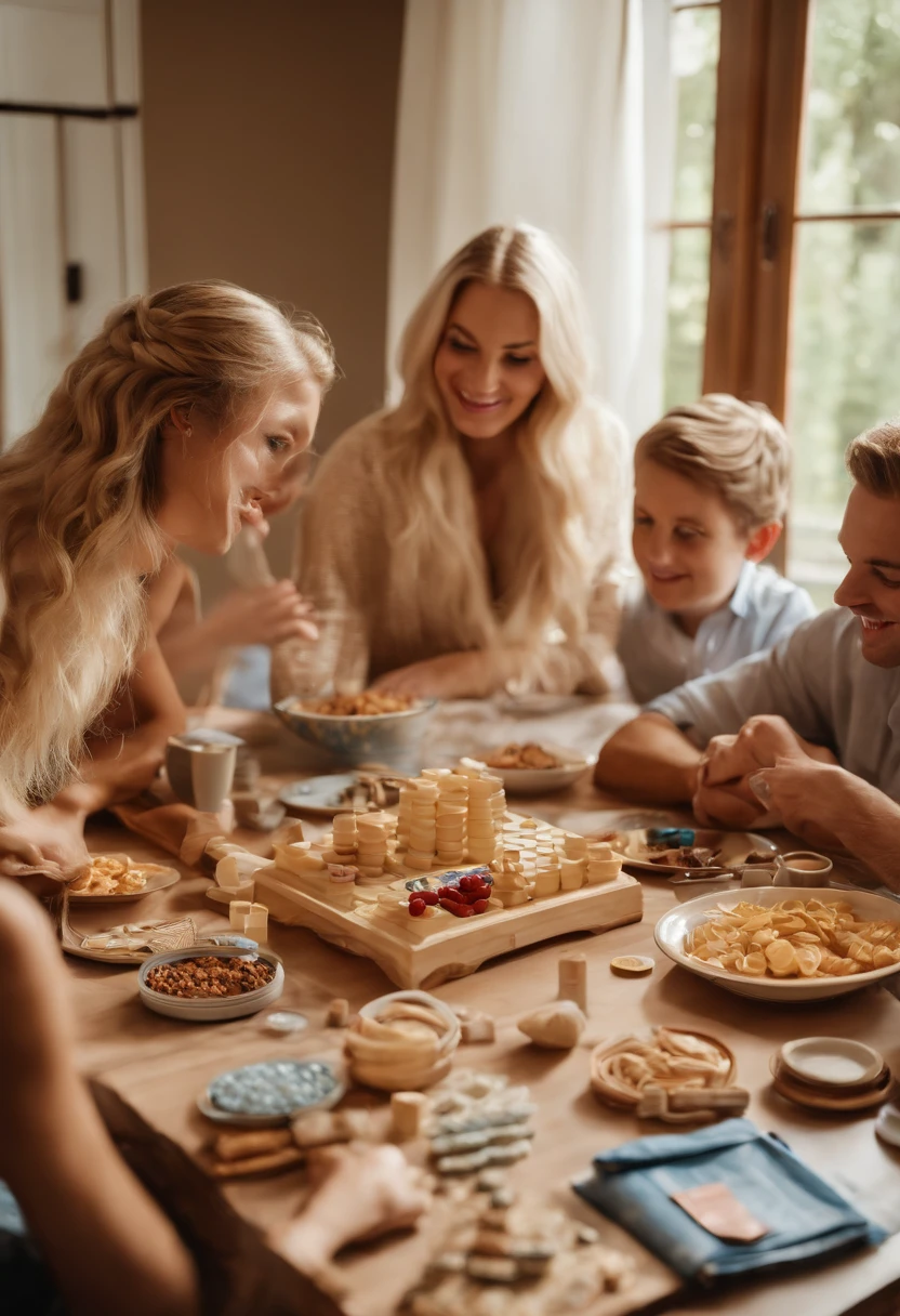 A photo of a family game night with classic board games and snacks on the table.,original,Long blonde hair, blue eyes, thin, a lot of makeup, tries to look younger than she is, likes beige clothes, modest clothes