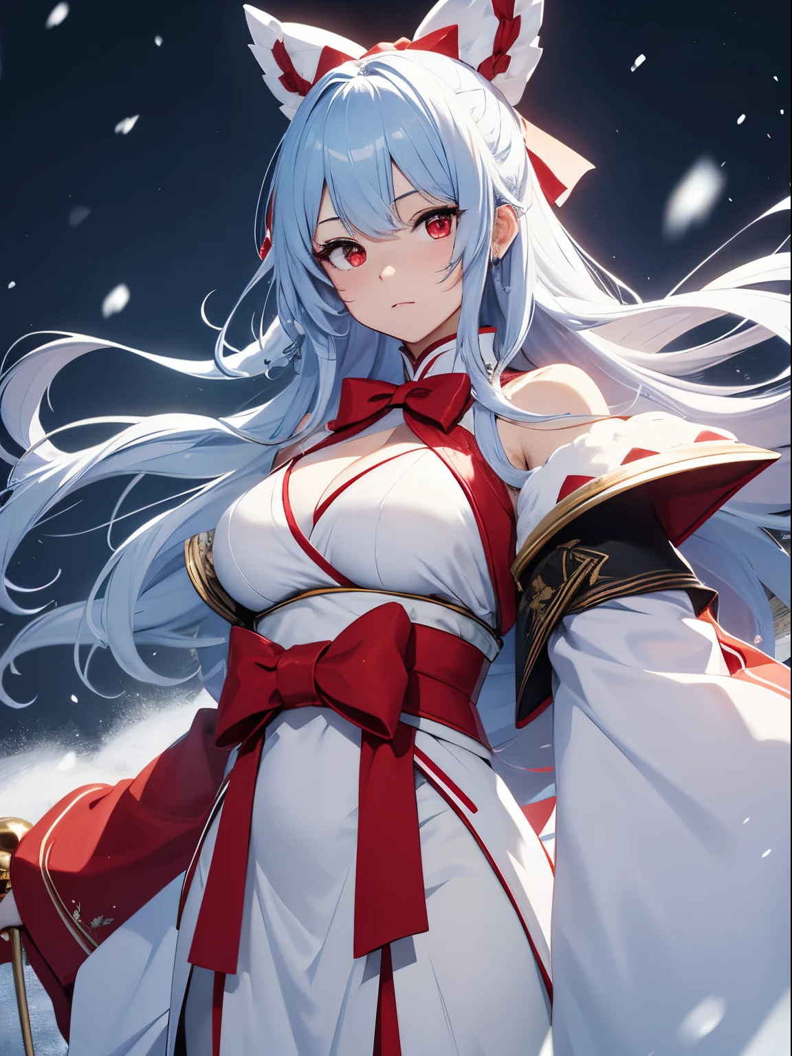 snow woman、Japan female in her 20s、komono、long hem、lightblue hair、Long sideburns、hair up to the neck、bouncy back hair、red eyes、Red band（Bow knot at the back）、Abundant udder、You can see the chest、Weapon is a spear、Crouch down with a sad expression、Snowstorm and snowflakes on the background