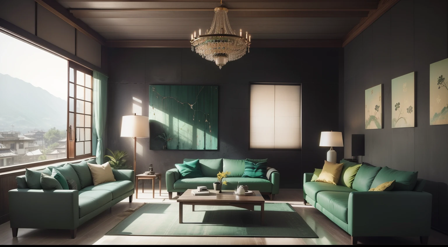 Wabi-sabi style living room,Slate background wall,Bright strip light from wall to top,Decorative painting,Minotti sofa,Classic floor lamp,There are decorative chandeliers,Light wool carpet,Malachite green luxury stone coffee table,Set of single sofas,Flowing window screens,floor to ceiling window,Great view