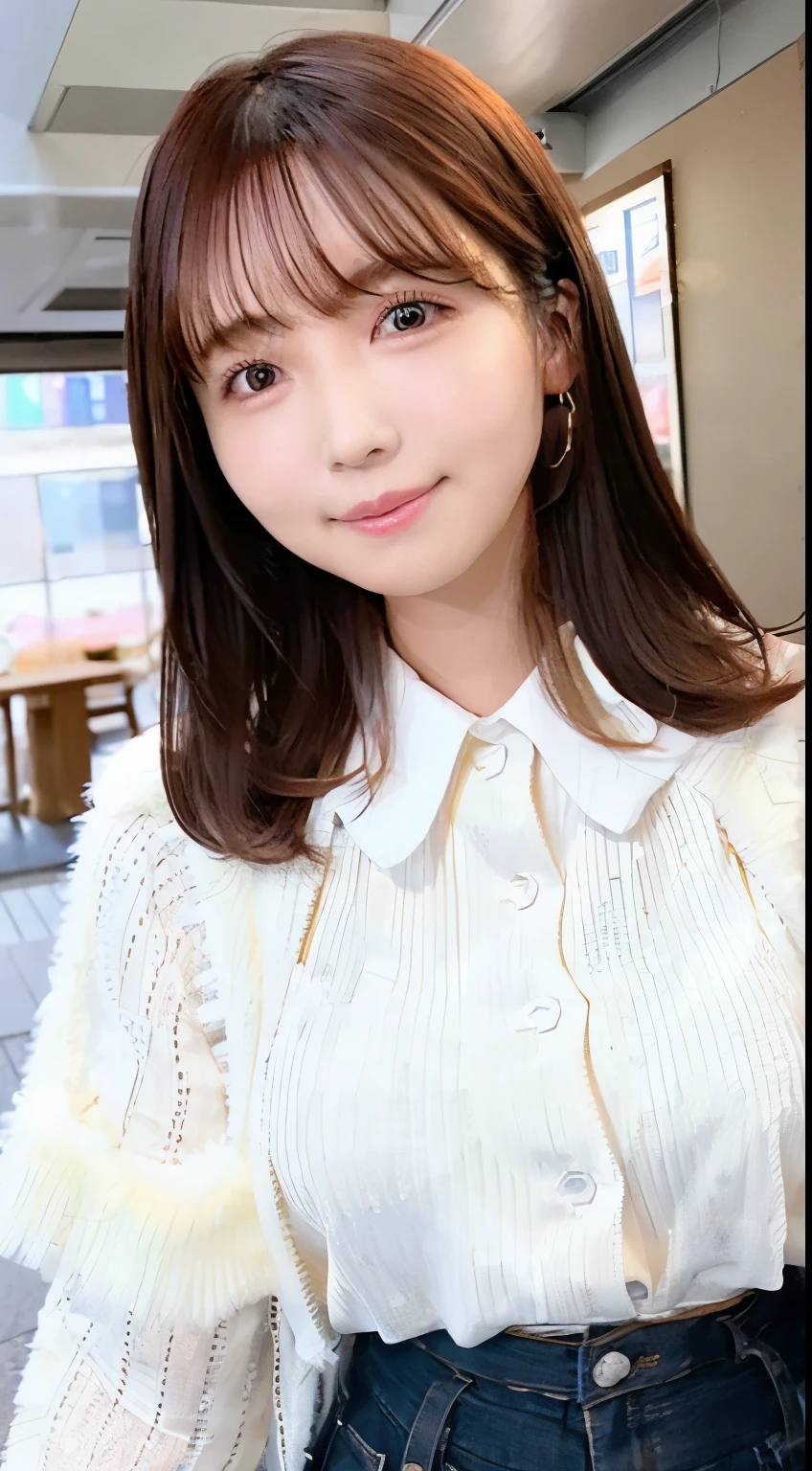 (Skin blemishes:1.2)、(dent in the skin)、Black eye、Female 1 Person、15 years old、(((femele)))、独奏、realisitic、top-quality、Photorealsitic、masterpiece、8K、hight resolution、独奏、extra detailed face、(Pro lighting、bokeh dof)、(Particles of light、lensflare、Luminous particles:0.6)、(dynamicposes:1.2)、Soft lighting、Angle view from above、Fashionable and trendy atmosphere、jpn、Street、TOKYOcty、城市、((during daytime)) 、天空、((Viewer's Perspective:1))、(Looking at the camera)、(portlate:0.6)、(fully body photo)、a gorgeous、Standing、Maintains original facial proportions、broad shoulder、full body Esbian、(large round chest)、 (Medium Hair)、Brown hair、Floating hair、s lips、lipsticks、seducting smile、Floating hair、A smile、open open mouth、牙、(sleeveless transparent blouse)、(jumper skirt)、Lashes、Mole、(Mole under the eyes:1) 、