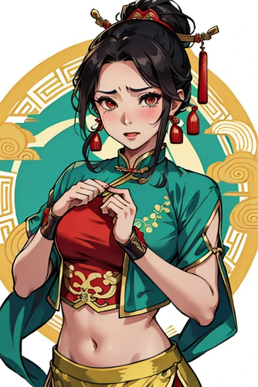 ancient Chinese costume，Beutiful women，Crop topping，constricted pupil，with her mouth open，streaming tears，Cover your stomach with your hands