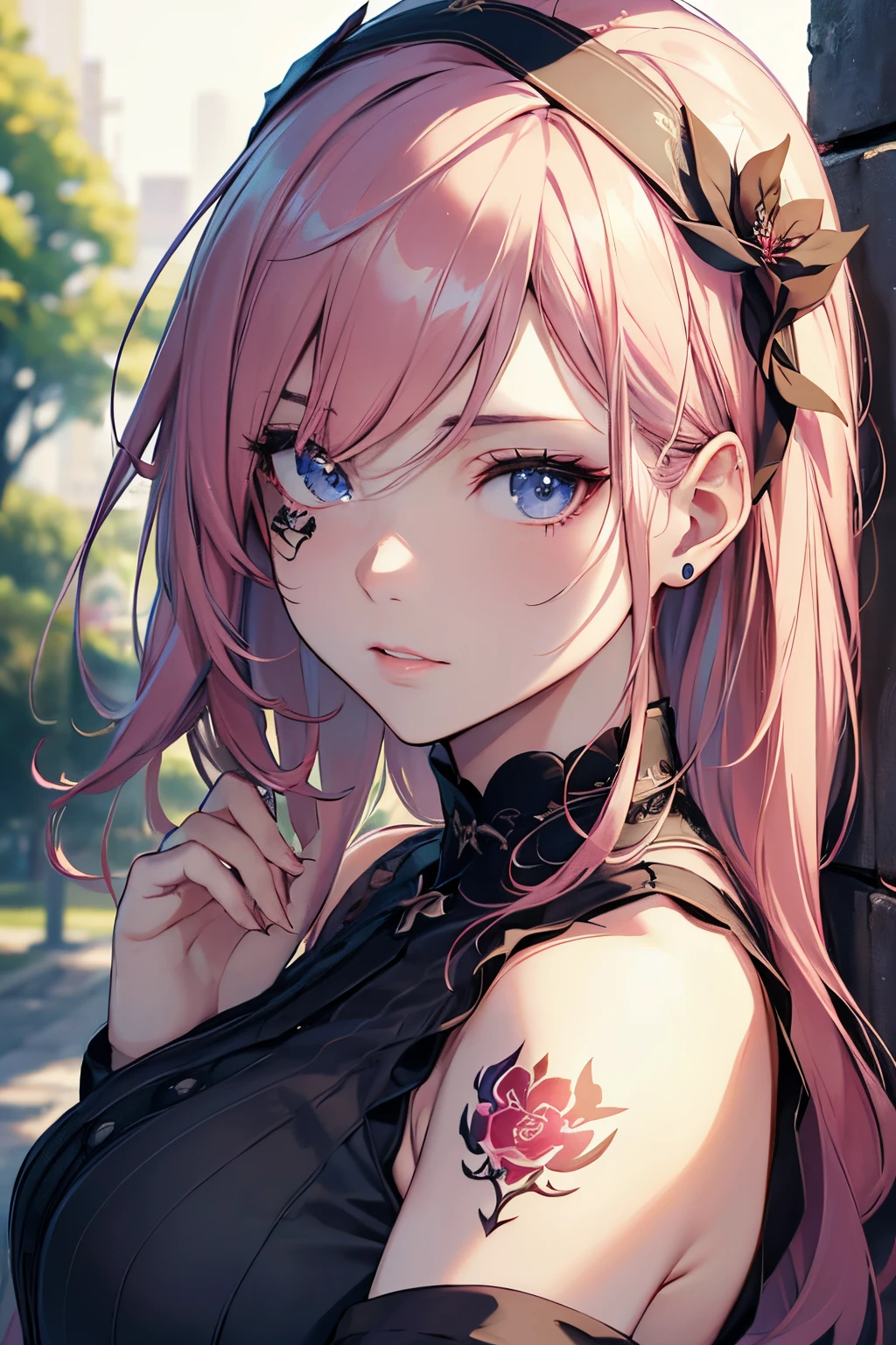 (best quality,4k,8k,highres,masterpiece:1.2),ultra-detailed,(realistic,photorealistic,photo-realistic:1.37),A girl with eyepatch,beautiful detailed eyes,beautiful detailed lips,extremely detailed eyes and face,longeyelashes,anime,portrait,dark and mysterious,colorful lighting,flower garden,tattoo on her arm,pink hair,red headband,peaceful and calm expression,casual outfit,leaning against a wall,soft and natural lighting,bokeh