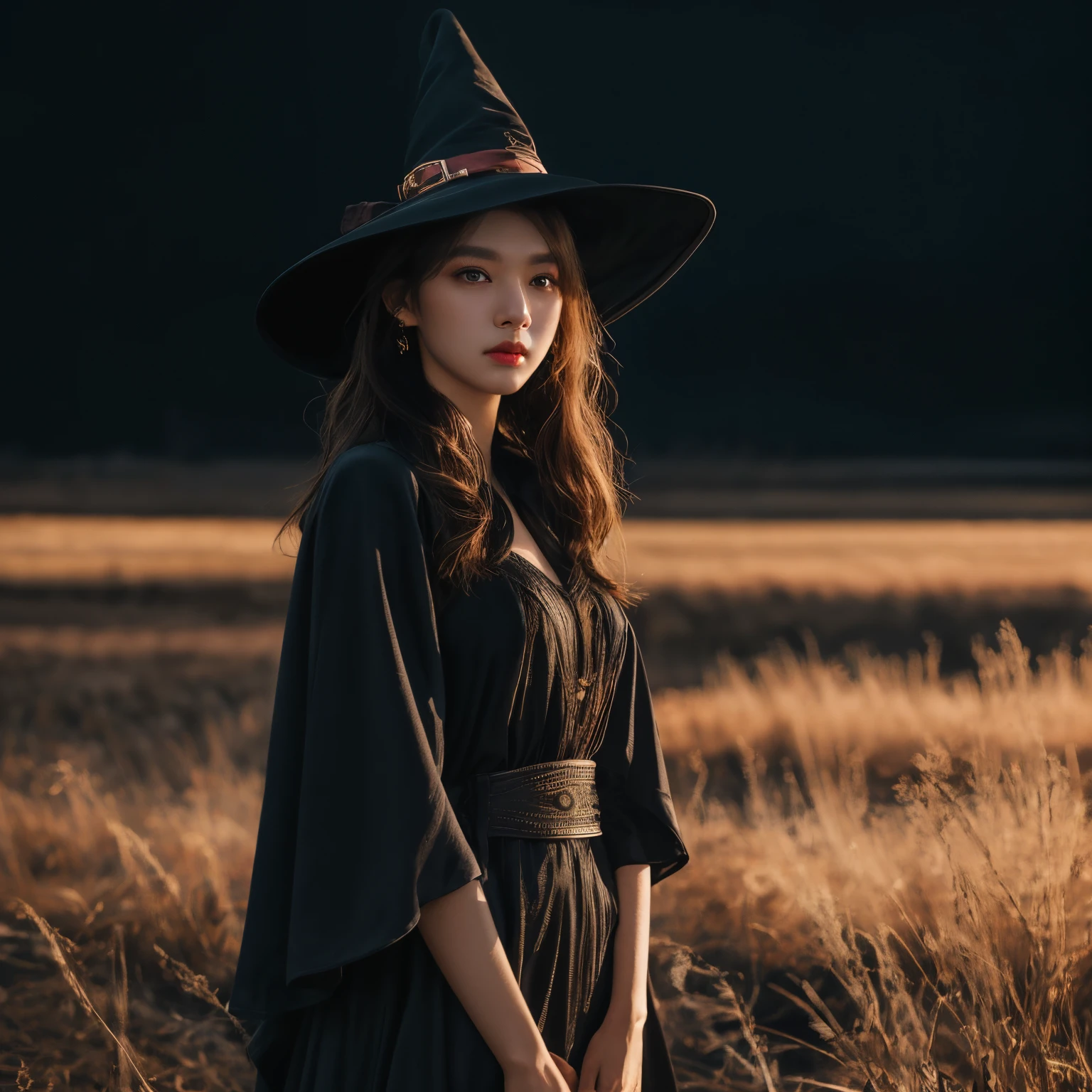 hyper realistic lifelike texture dramatic lighting unreal engine trending on art station, award winning photo, nikon RAW photo,8 k, Fujifilm XT3,masterpiece, best quality, realistic, photorealistic, ultra detailed, extremely detailed face, solo,1girl, standing, fashionable and trendy atmosphere, black dress, (witch hat), at dark fields,